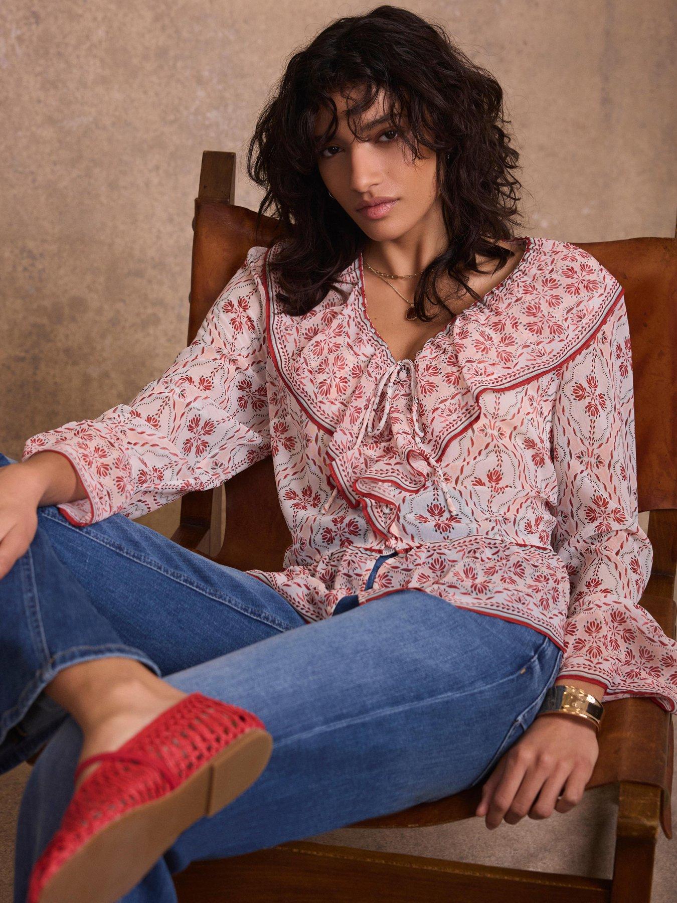 Mint Velvet Geo Print Ruffle Blouse - Pink