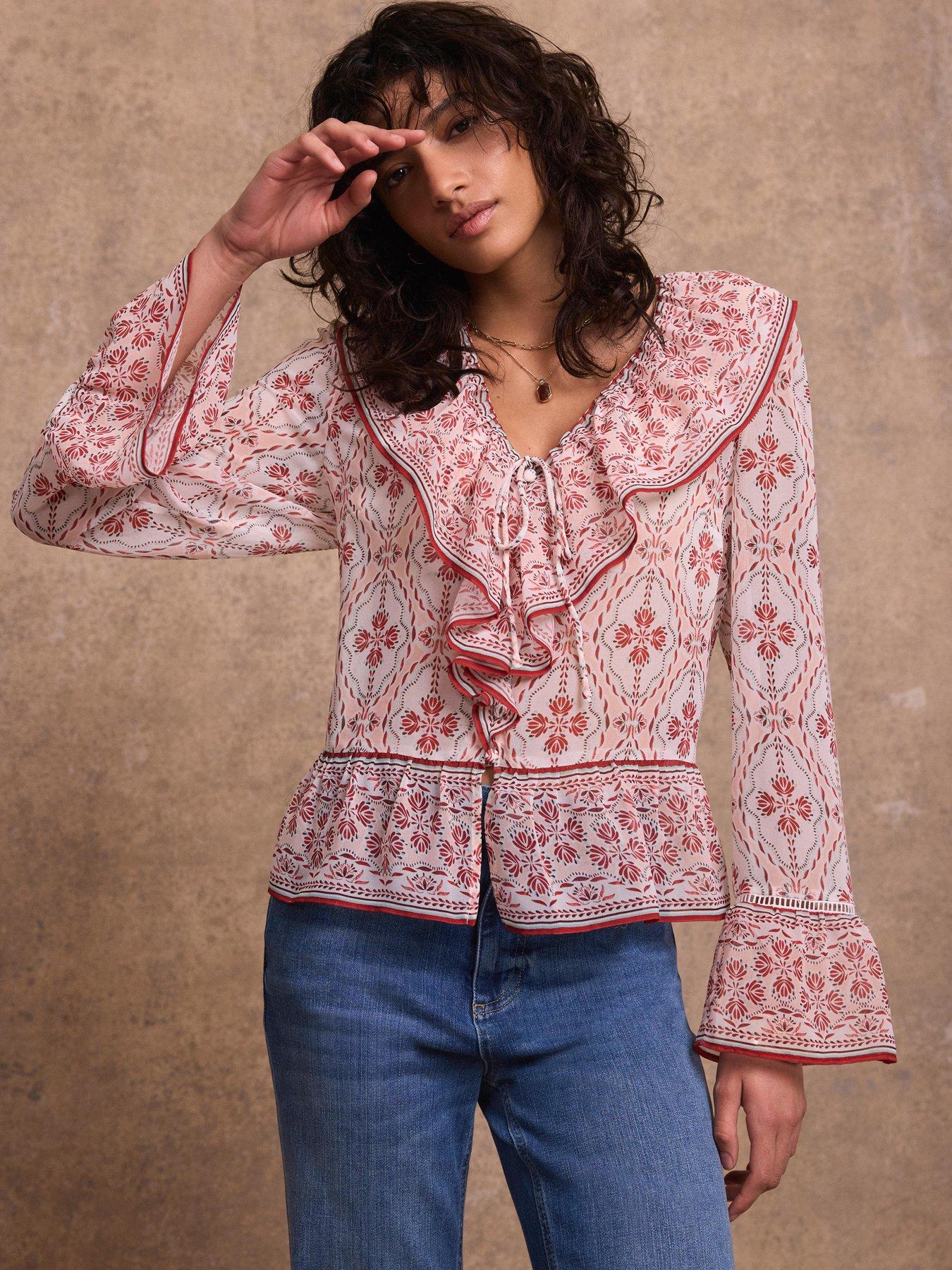 Image 2 of 6 of Mint Velvet Geo Print Ruffle Blouse - Pink