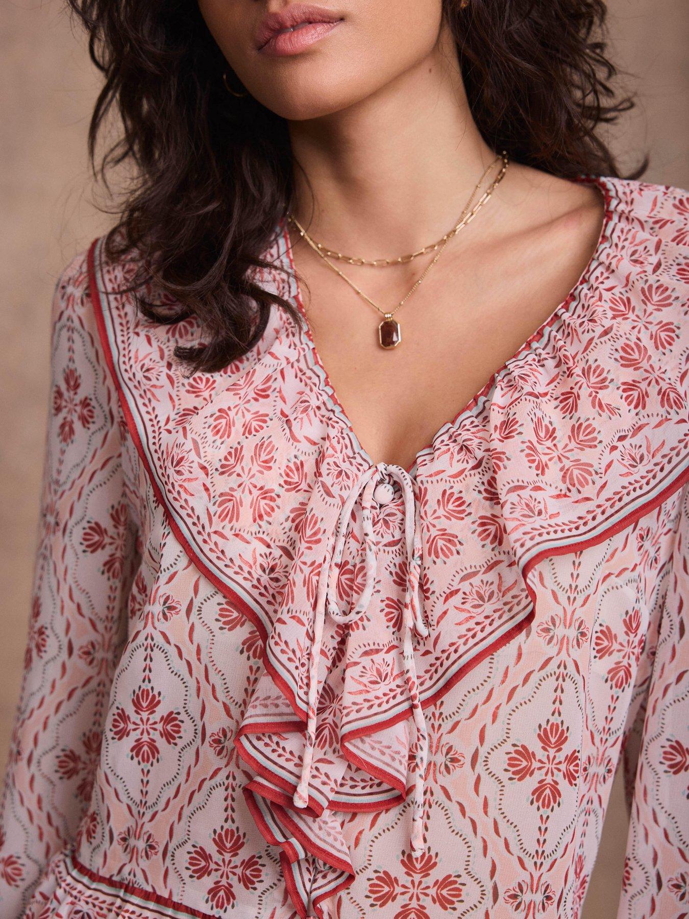Image 3 of 6 of Mint Velvet Geo Print Ruffle Blouse - Pink