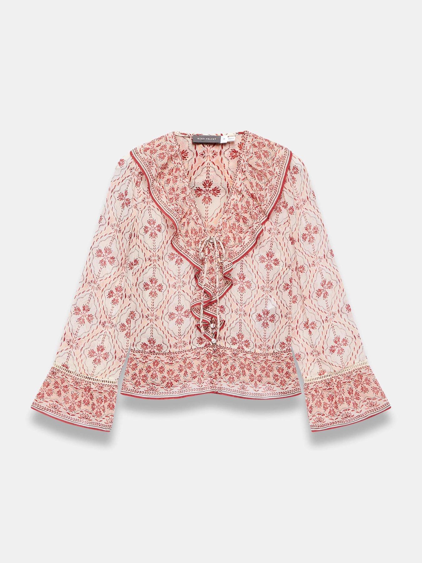 Image 5 of 6 of Mint Velvet Geo Print Ruffle Blouse - Pink