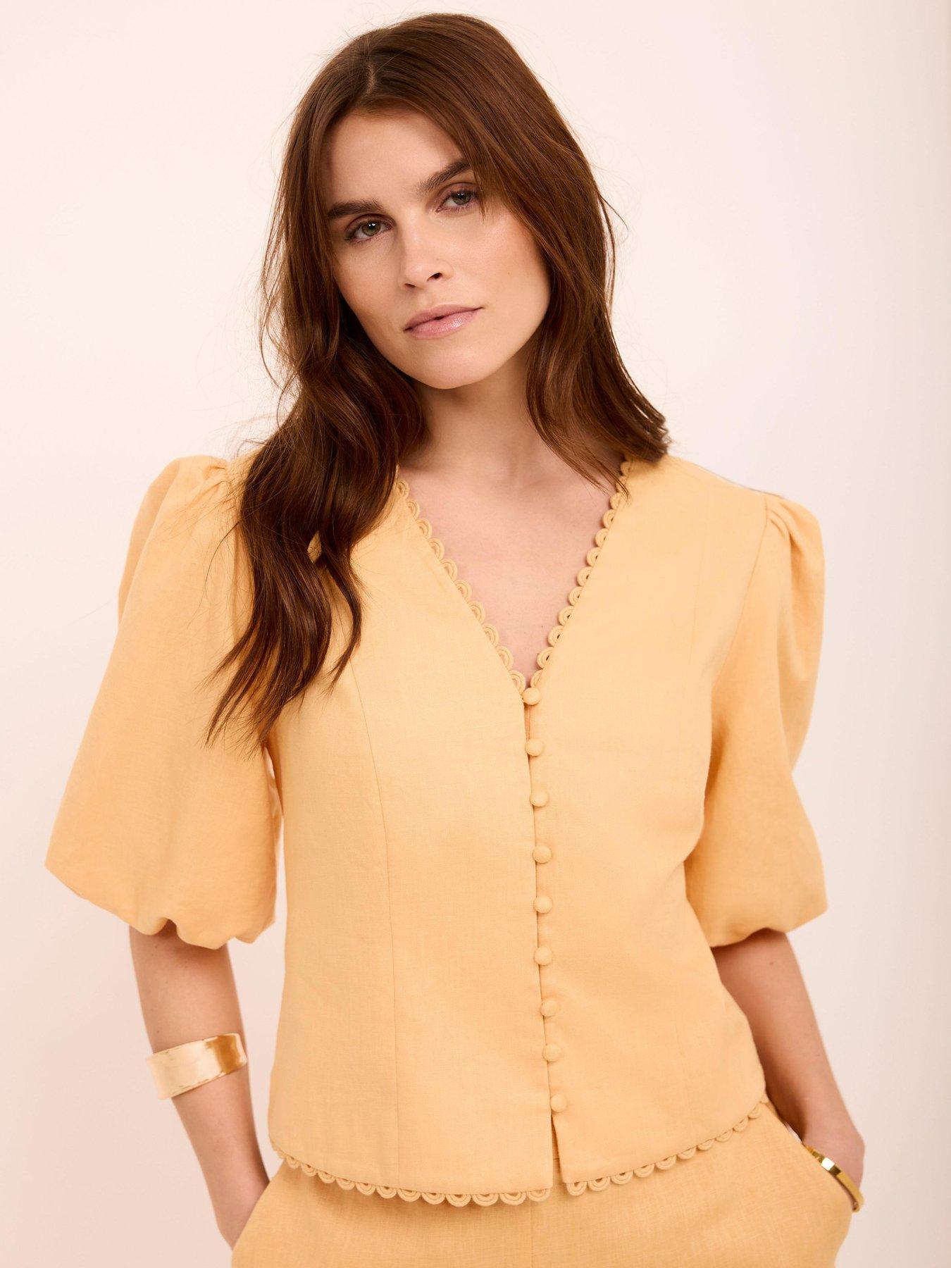  image of mint-velvet-linen-puff-sleeve-top-yellow