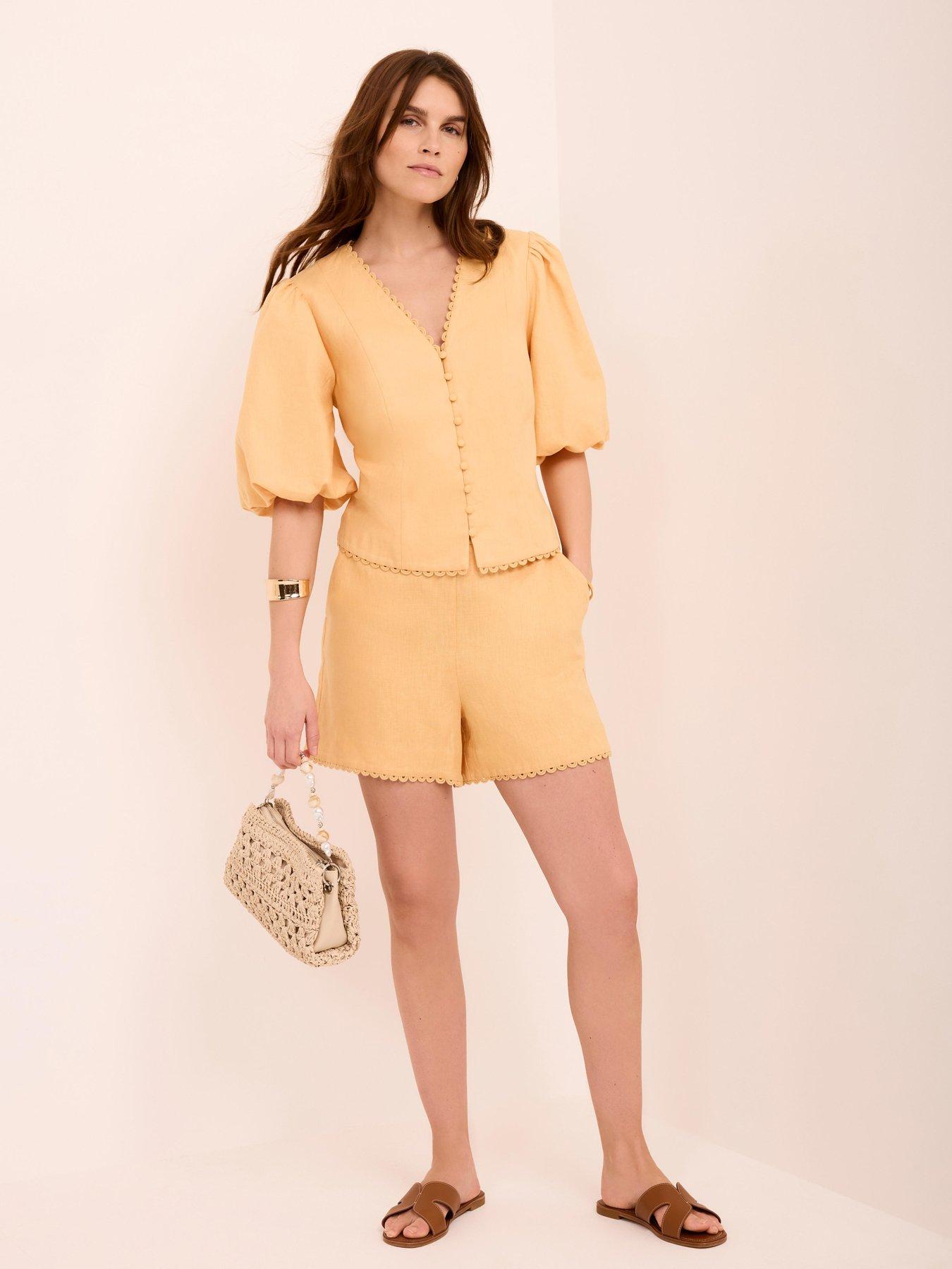  image of mint-velvet-linen-puff-sleeve-top-yellow
