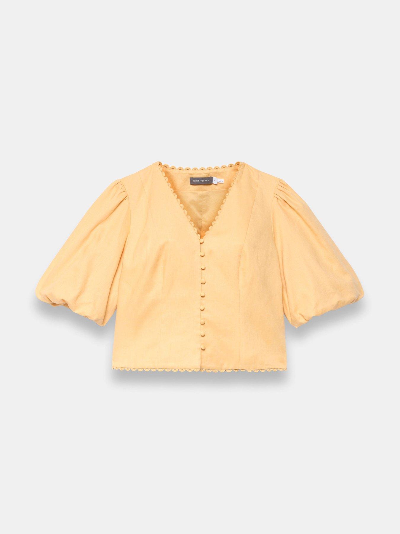 image of mint-velvet-linen-puff-sleeve-top-yellow