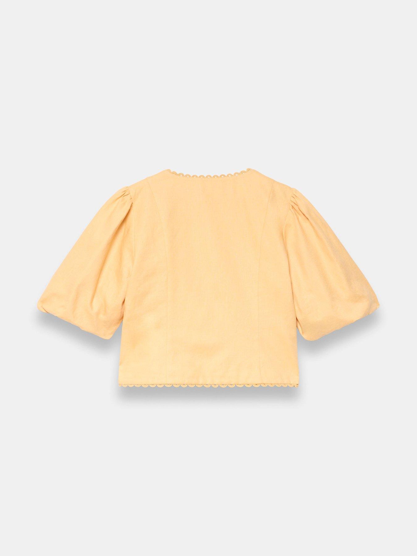  image of mint-velvet-linen-puff-sleeve-top-yellow