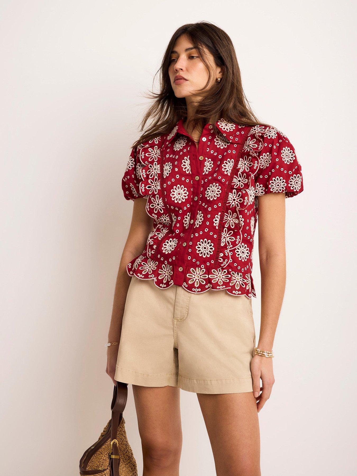 Mint Velvet Red Broderie Puff Sleeve Top