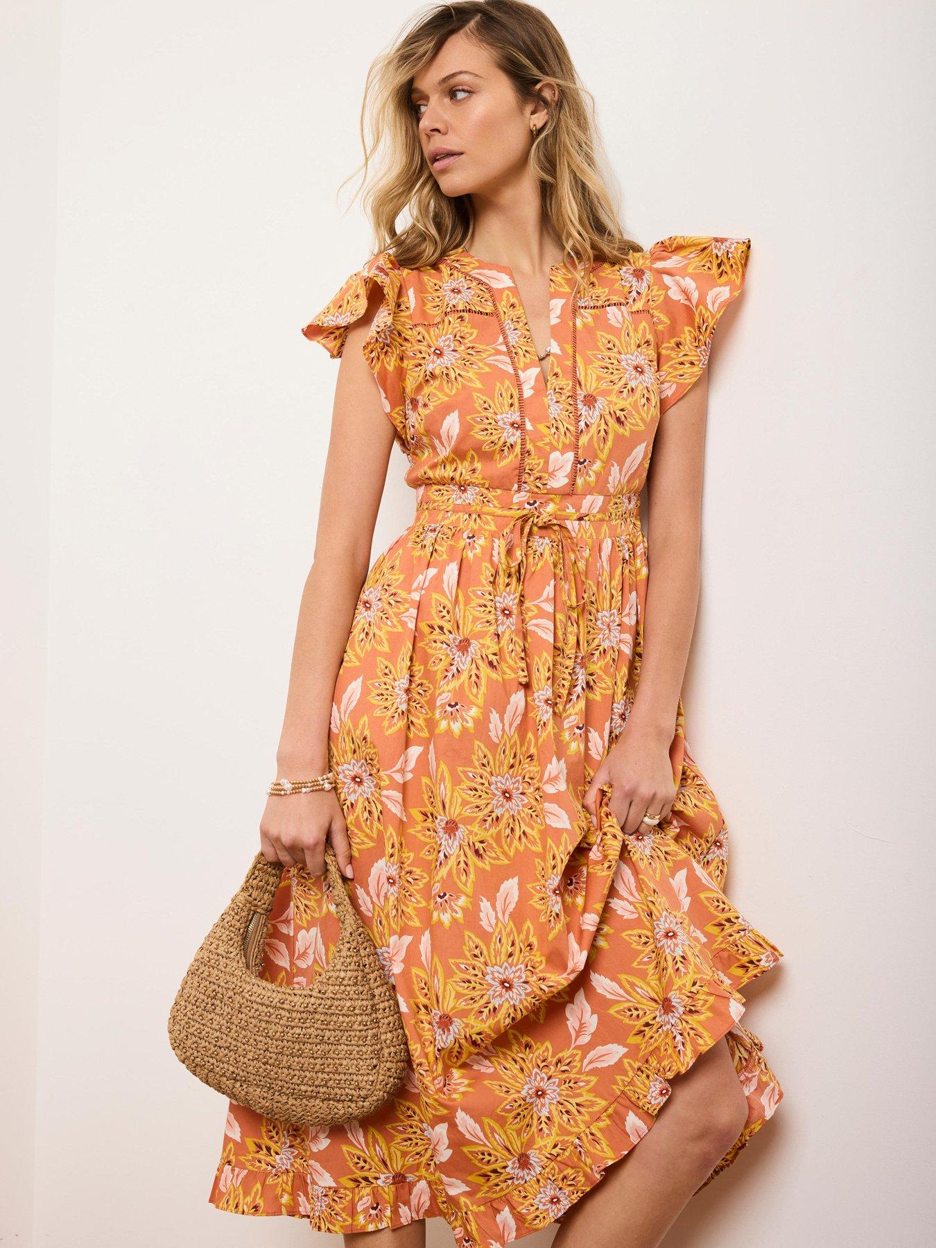 Mint Velvet Floral Print Cotton Dress - Orange