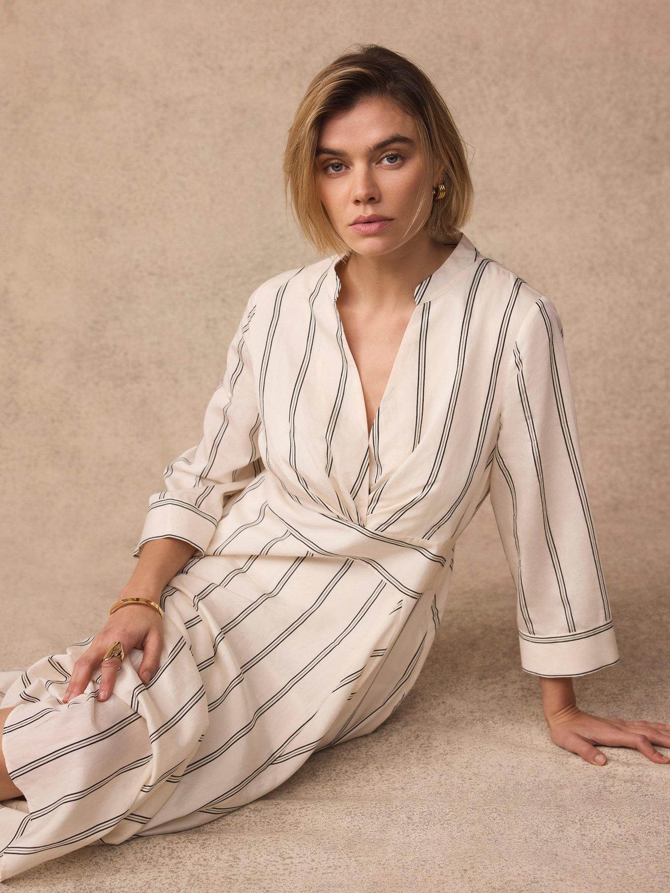 Image 3 of 6 of Mint Velvet Stripe Wrap Midi Dress - Cream