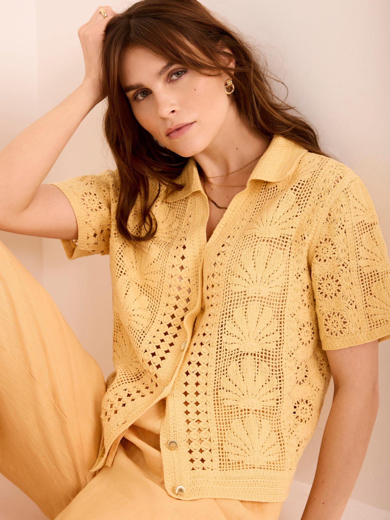 front image of mint-velvet-yellow-shell-crochet-shirt