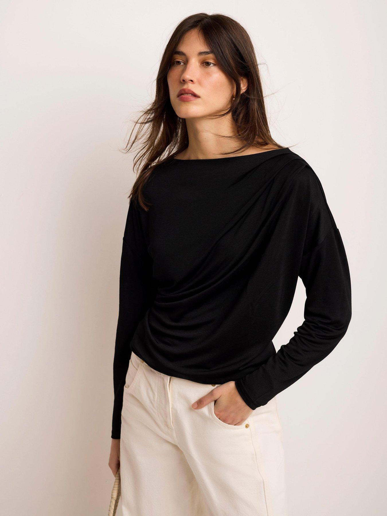 front image of mint-velvet-black-metallic-ruched-ls-top