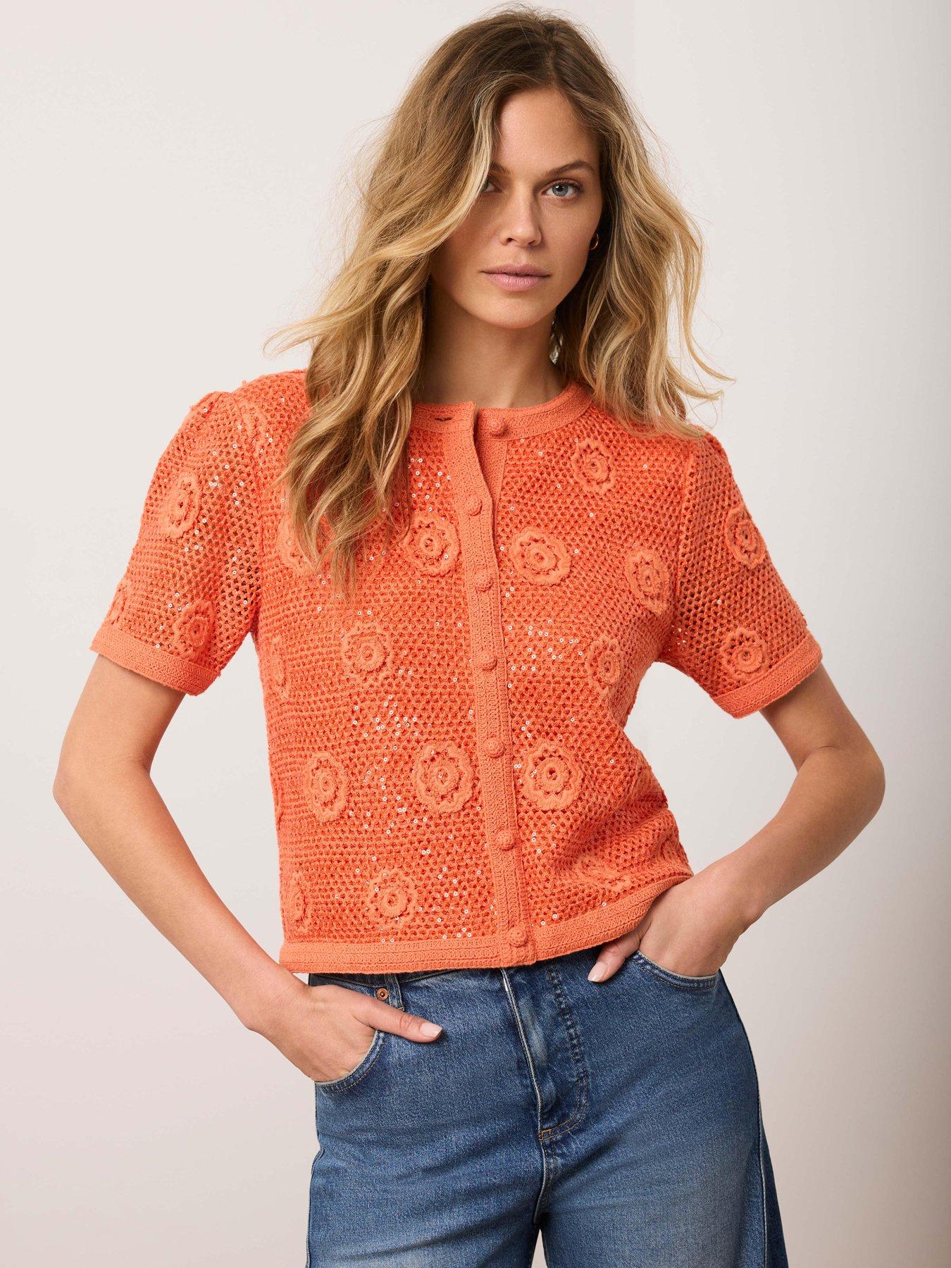 Mint Velvet Sequin Flower Top - Orange