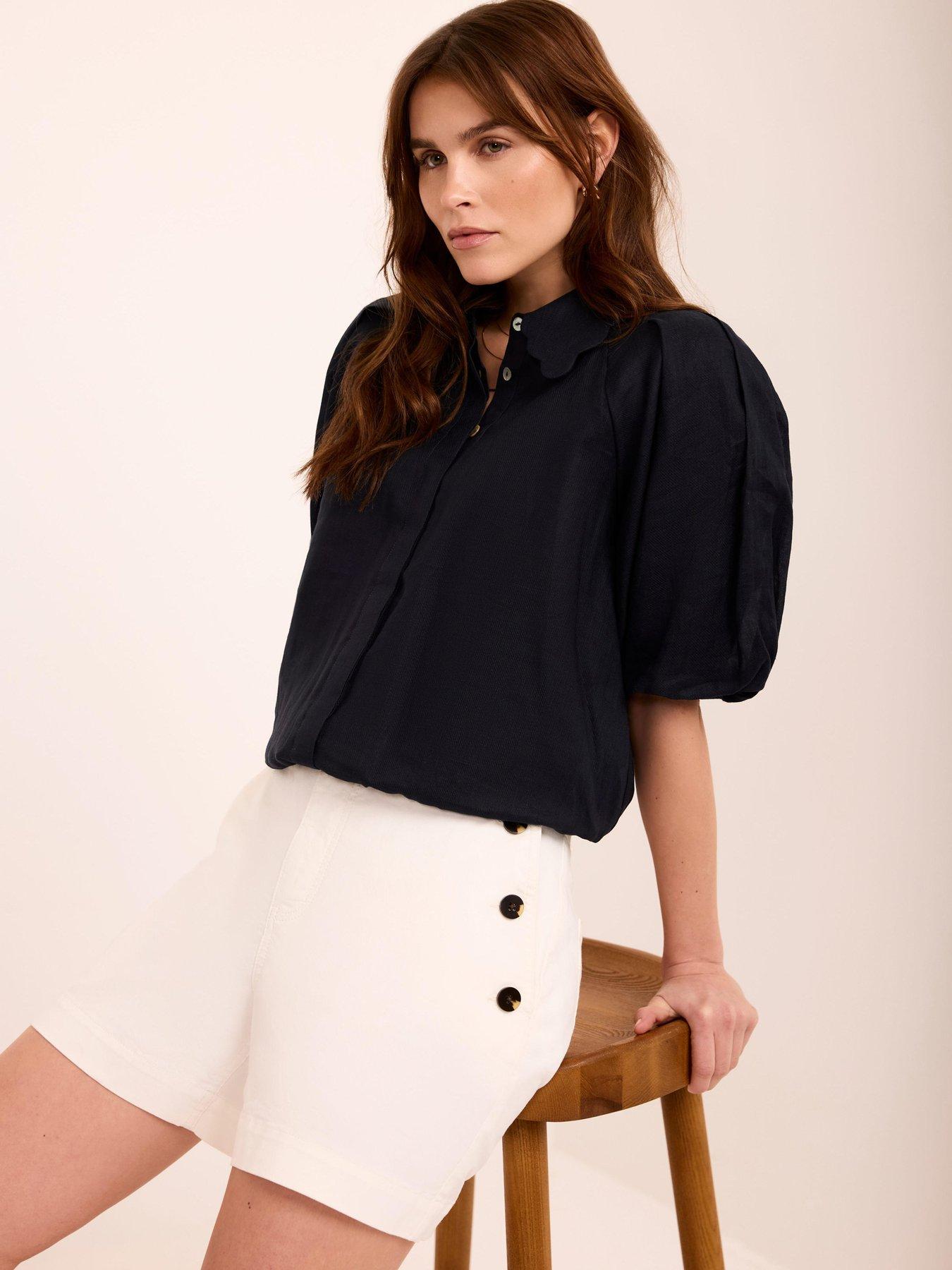 Mint Velvet Navy Ramie Puff Sleeve Top