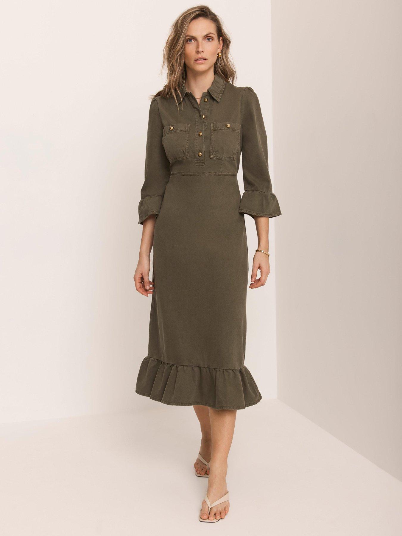 Mint Velvet Khaki Frill Denim Midi Dress