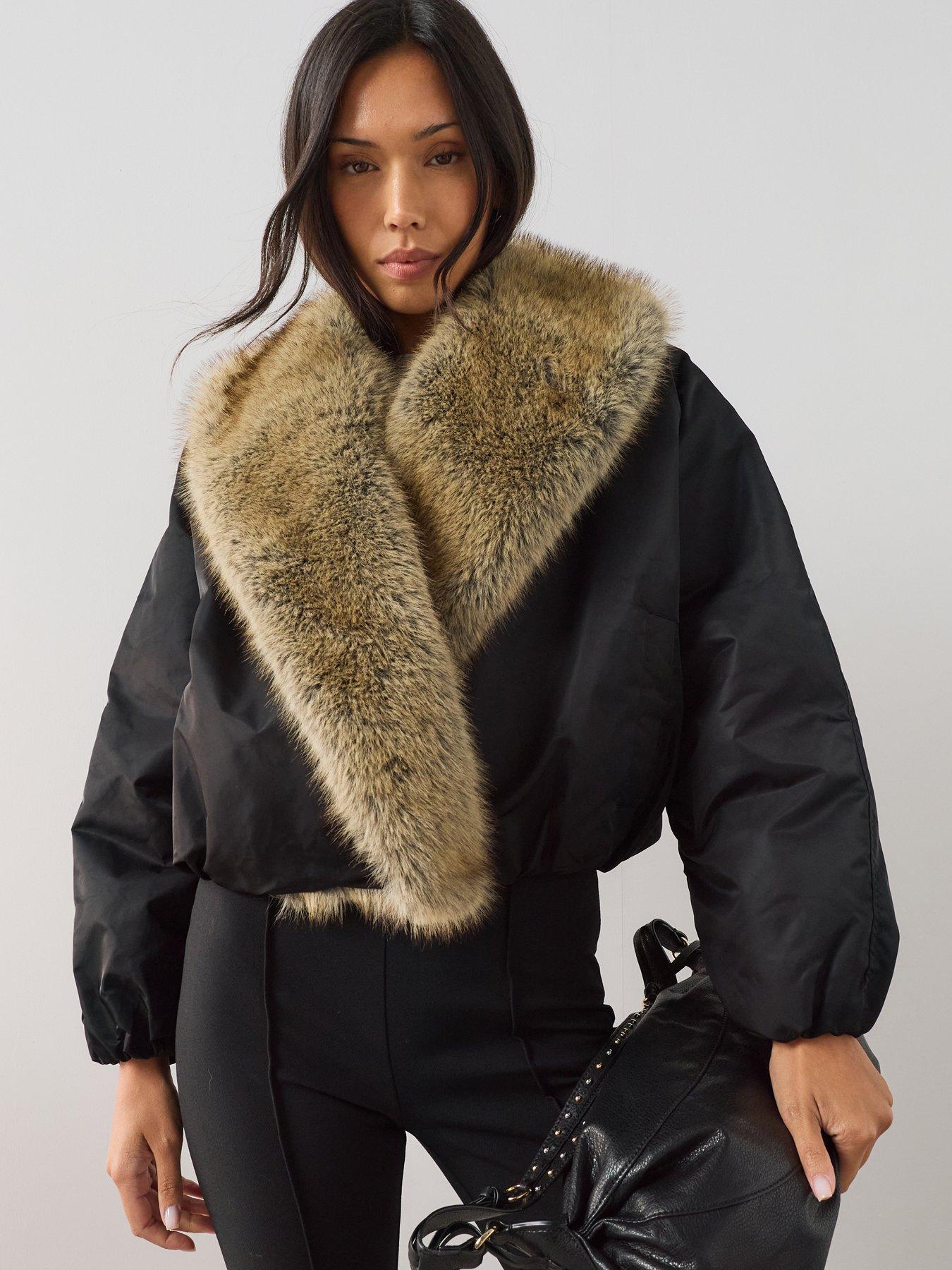 The Very Collection Faux Fur Shawl Padded Jacket - Black