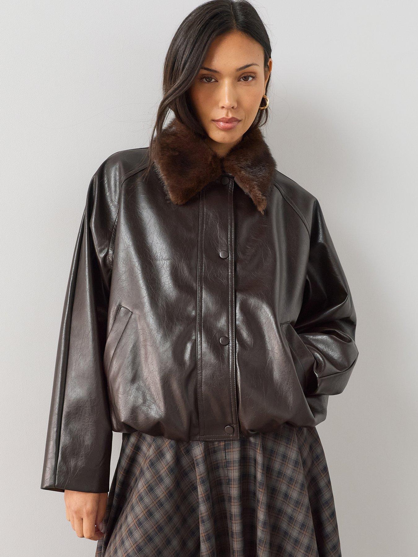Image 1 of 7 of The Very Collection Faux Fur Collar Pu Bubble Hem Jacket - Brown