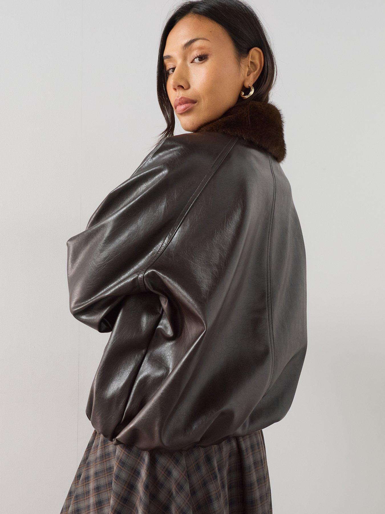 Image 2 of 7 of The Very Collection Faux Fur Collar Pu Bubble Hem Jacket - Brown