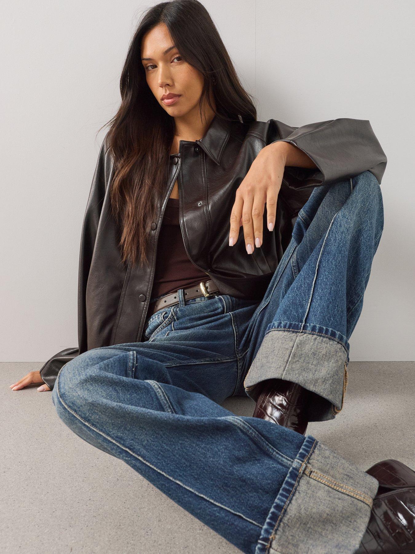 Image 4 of 7 of The Very Collection Faux Fur Collar Pu Bubble Hem Jacket - Brown