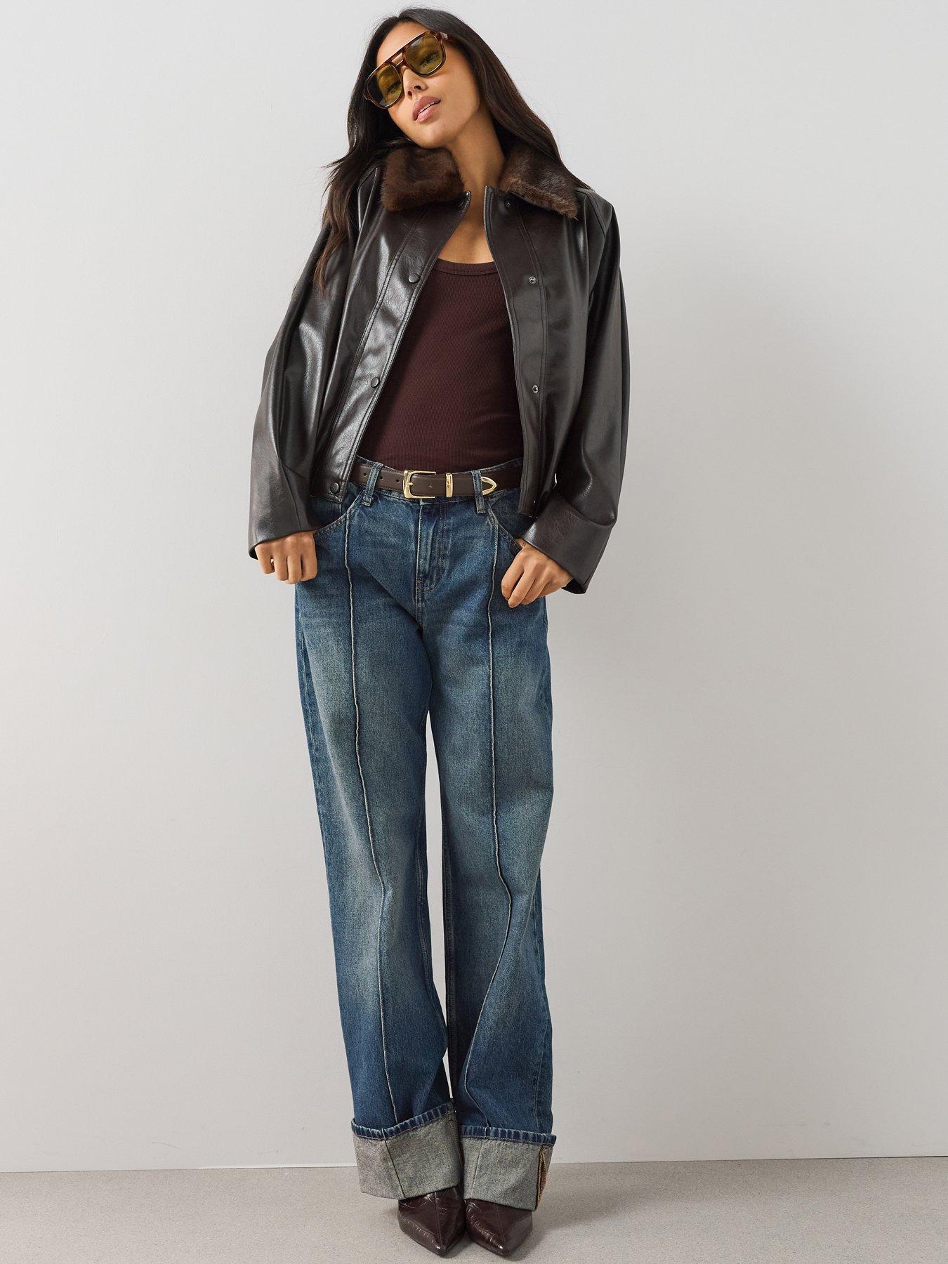 Image 5 of 7 of The Very Collection Faux Fur Collar Pu Bubble Hem Jacket - Brown
