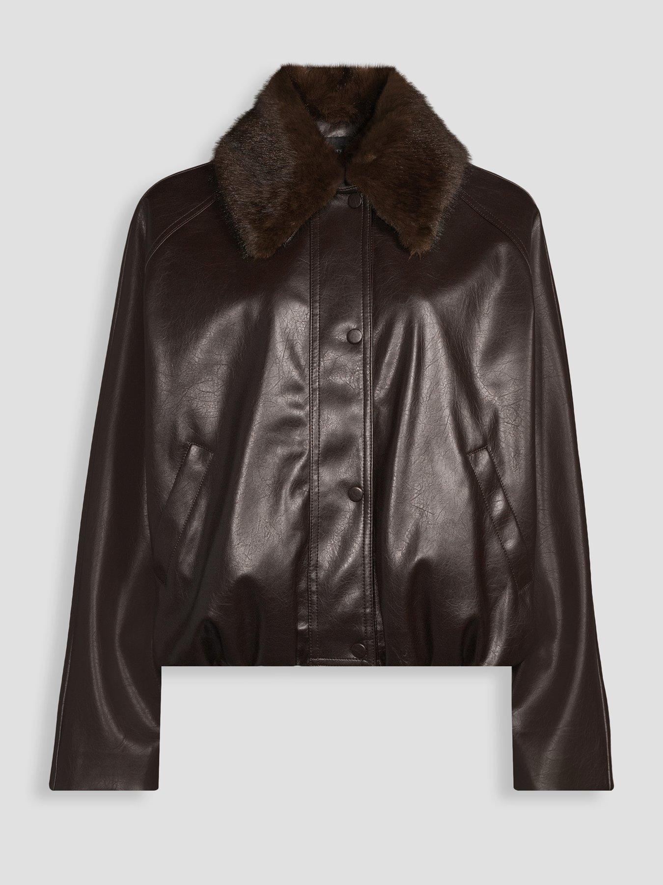 Image 7 of 7 of The Very Collection Faux Fur Collar Pu Bubble Hem Jacket - Brown