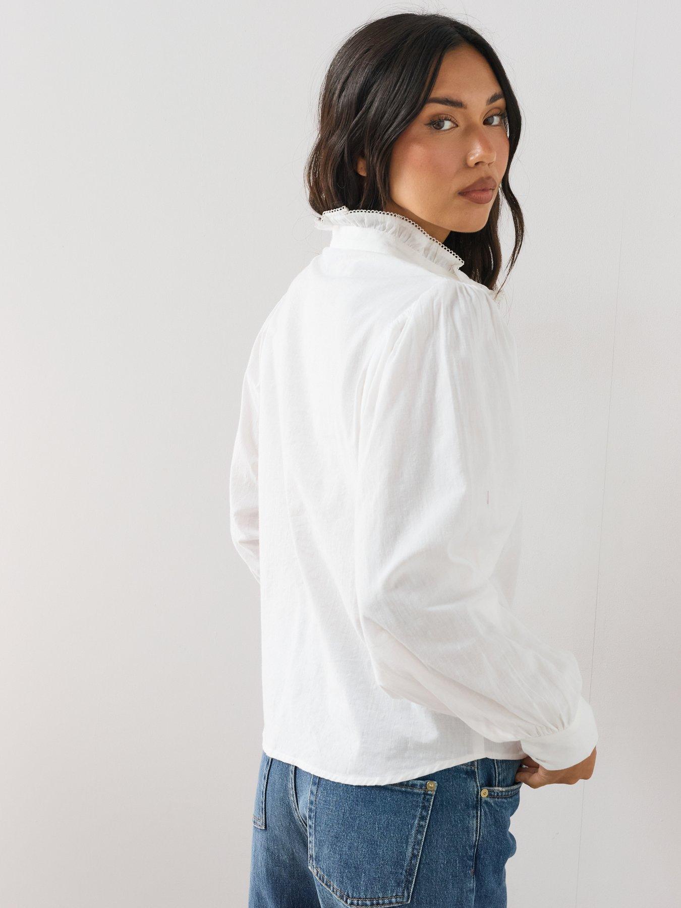 Image 2 of 7 of The Very Collection Checked Soft Funnel Blouse With Frill - White