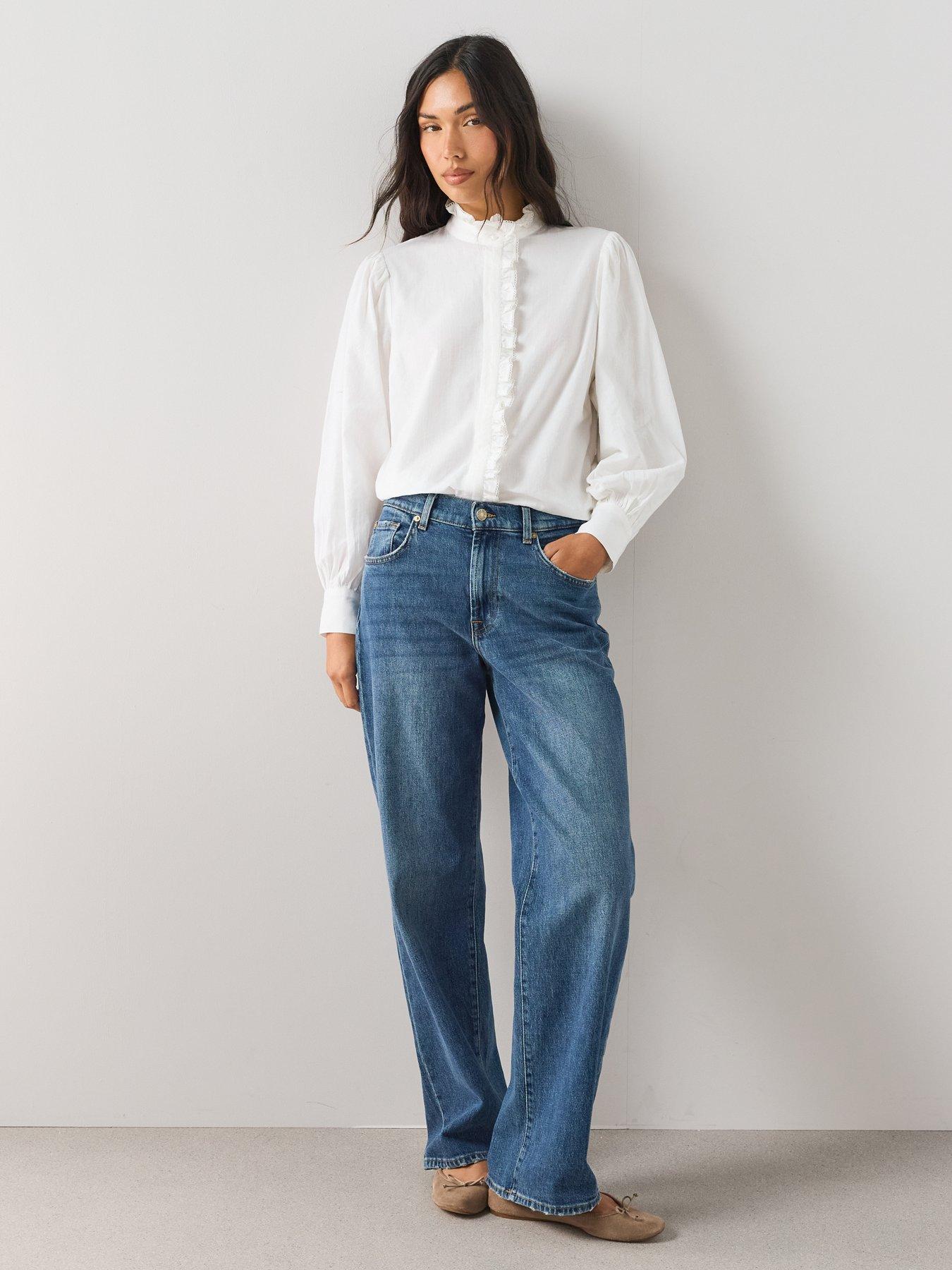 Image 3 of 7 of The Very Collection Checked Soft Funnel Blouse With Frill - White
