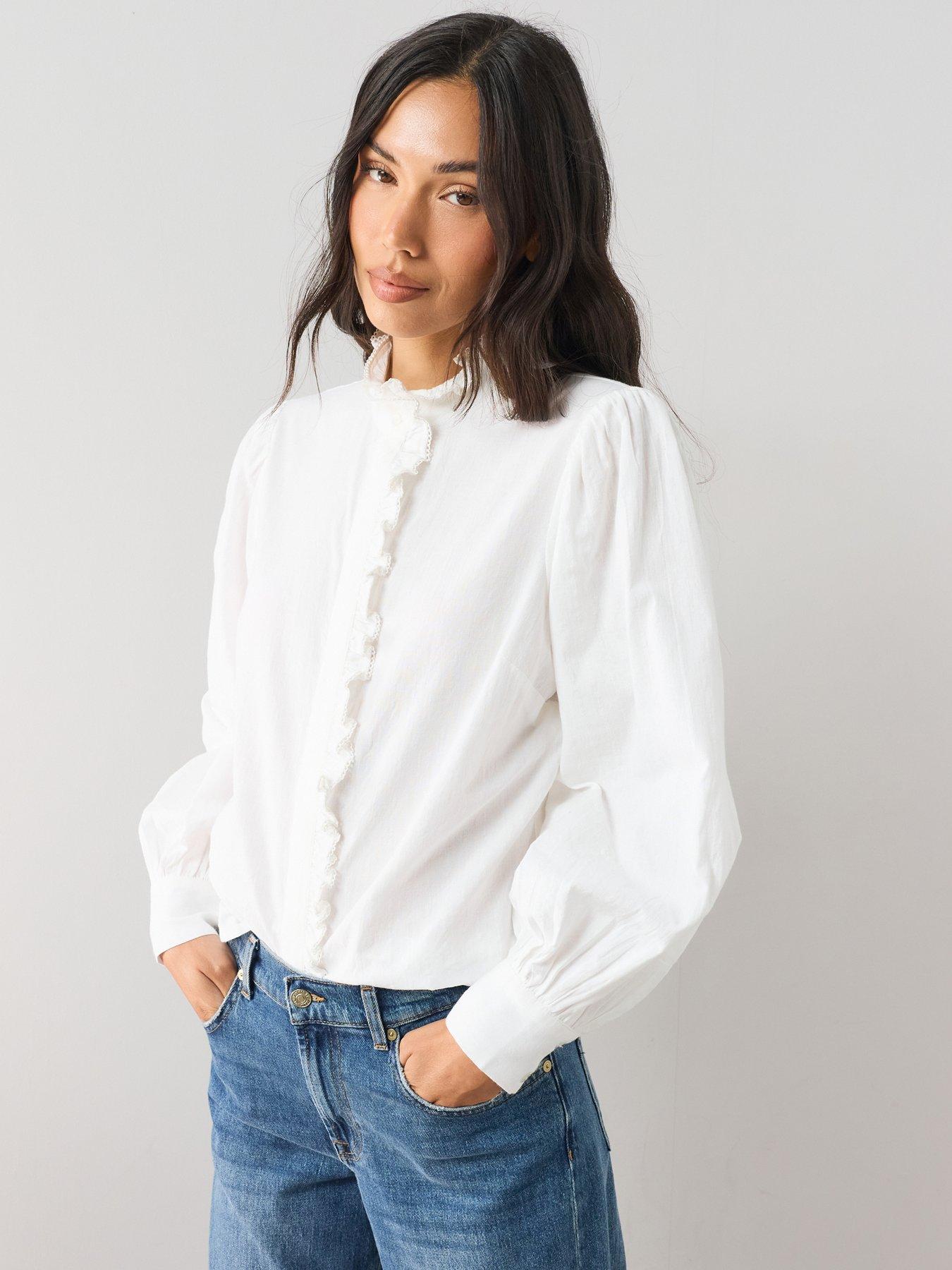 Image 4 of 7 of The Very Collection Checked Soft Funnel Blouse With Frill - White