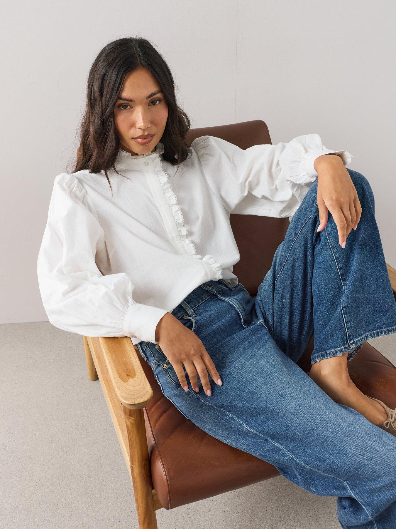 Image 5 of 7 of The Very Collection Checked Soft Funnel Blouse With Frill - White