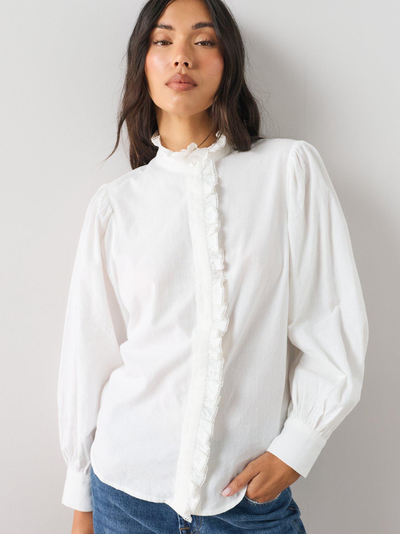 Image 6 of 7 of The Very Collection Checked Soft Funnel Blouse With Frill - White