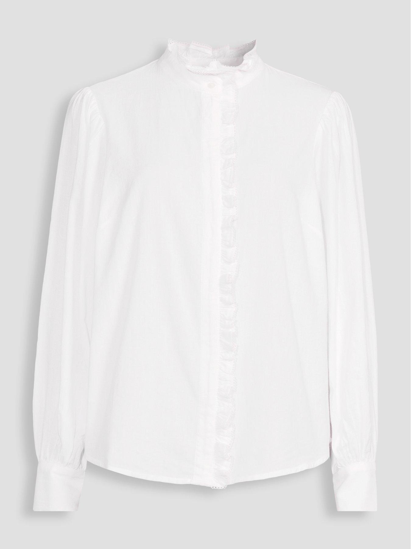 Image 7 of 7 of The Very Collection Checked Soft Funnel Blouse With Frill - White