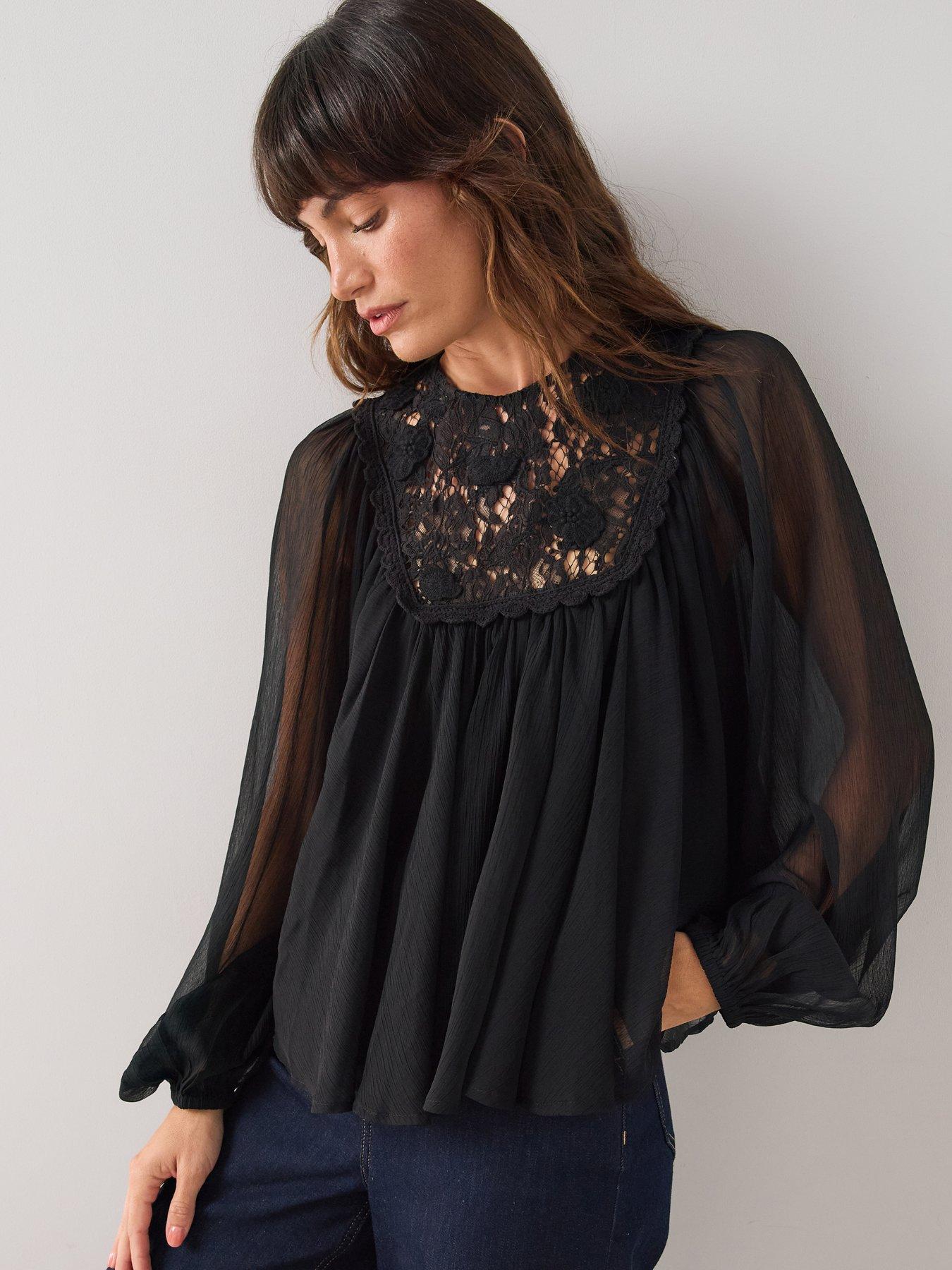The Very Collection Lace Neck Pleated Blouse - Black