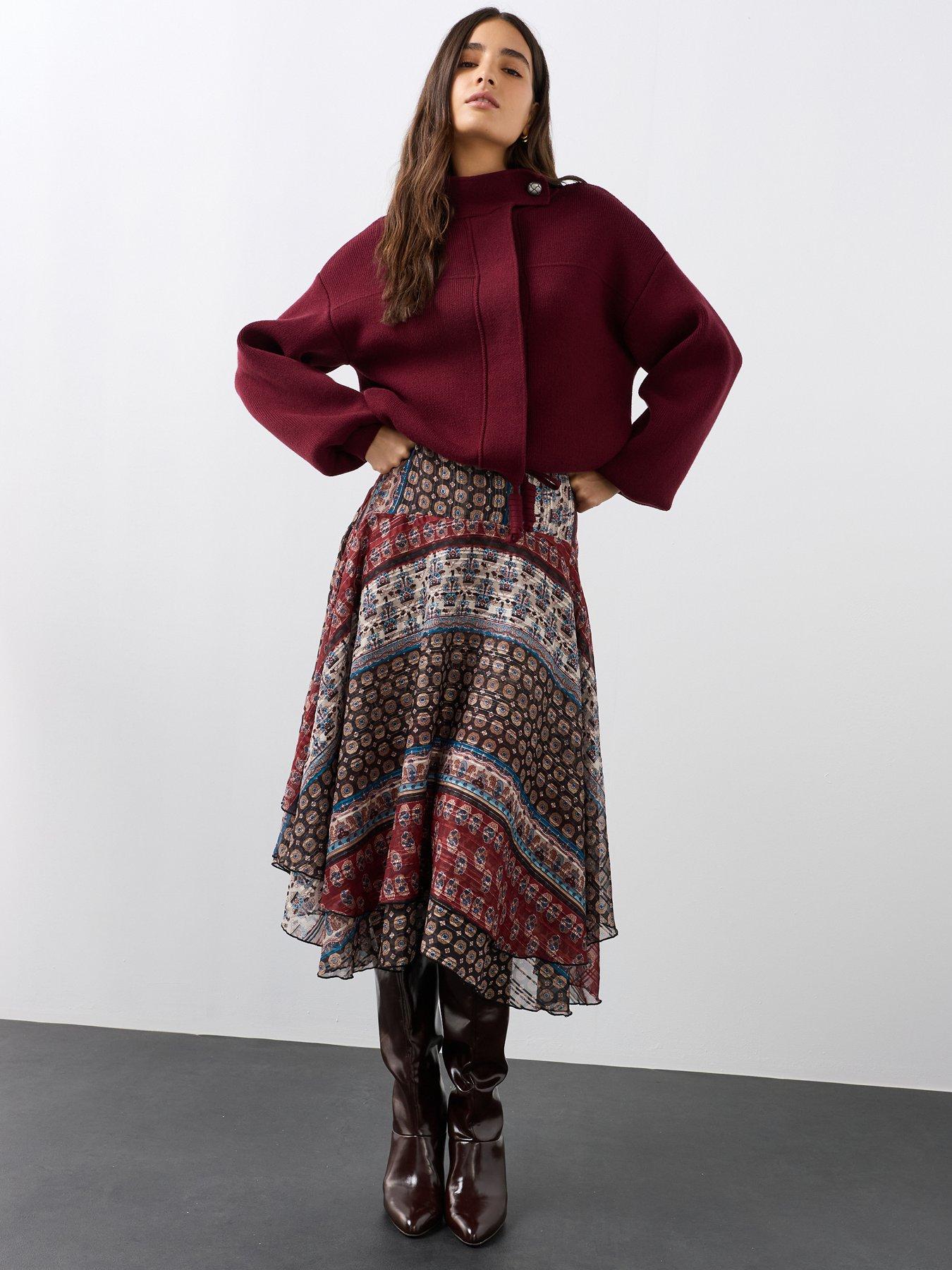 The Very Collection Scarf Print Hanky Hem Skirt - Brown
