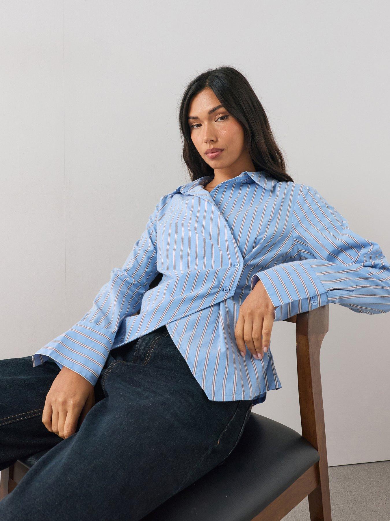 The Very Collection Asymmetric Button Up Stripe Shirt - Blue