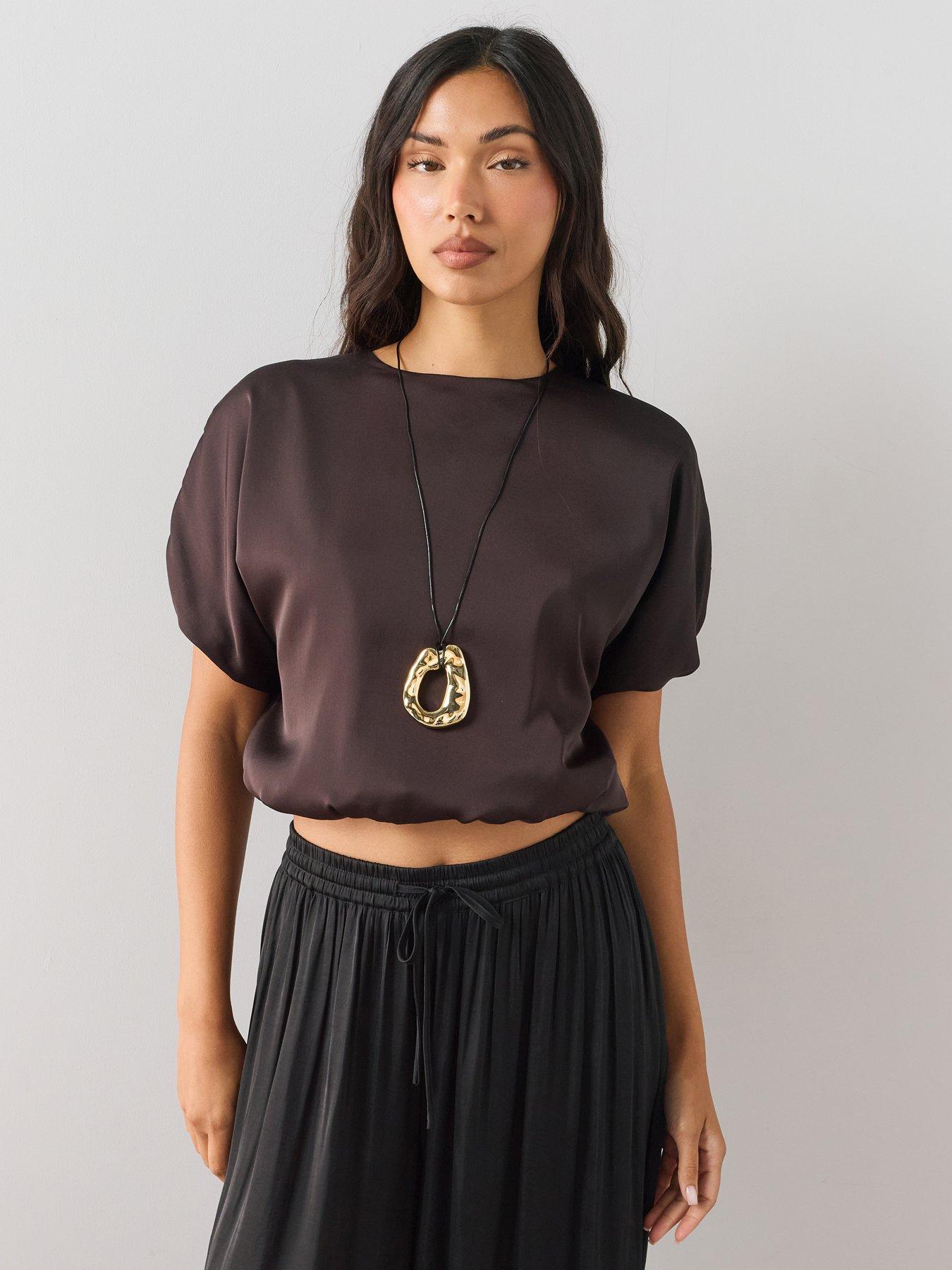 Image 1 of 7 of The Very Collection Bubble Hem Satin Blouse - Brown