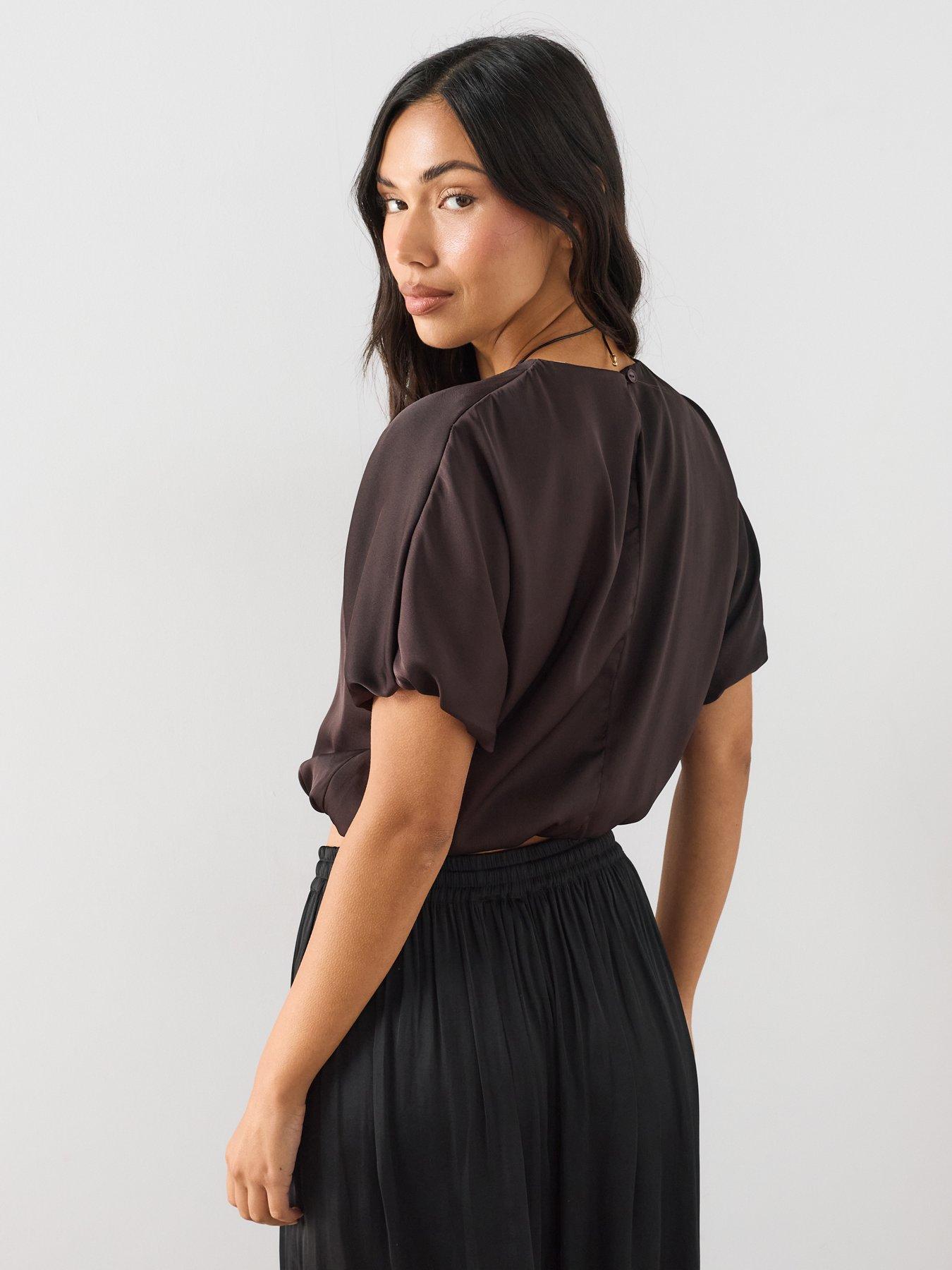 Image 2 of 7 of The Very Collection Bubble Hem Satin Blouse - Brown