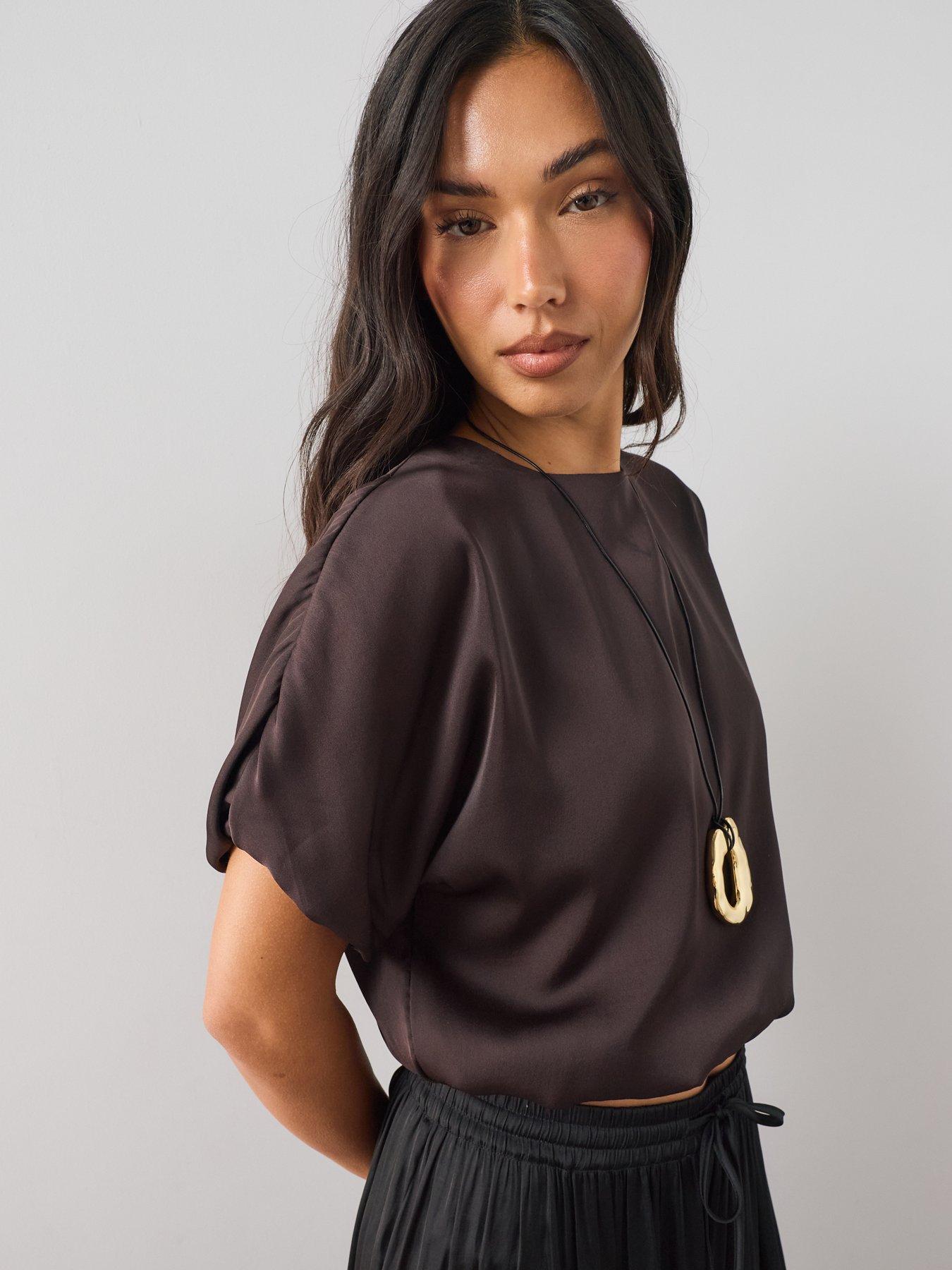 Image 4 of 7 of The Very Collection Bubble Hem Satin Blouse - Brown