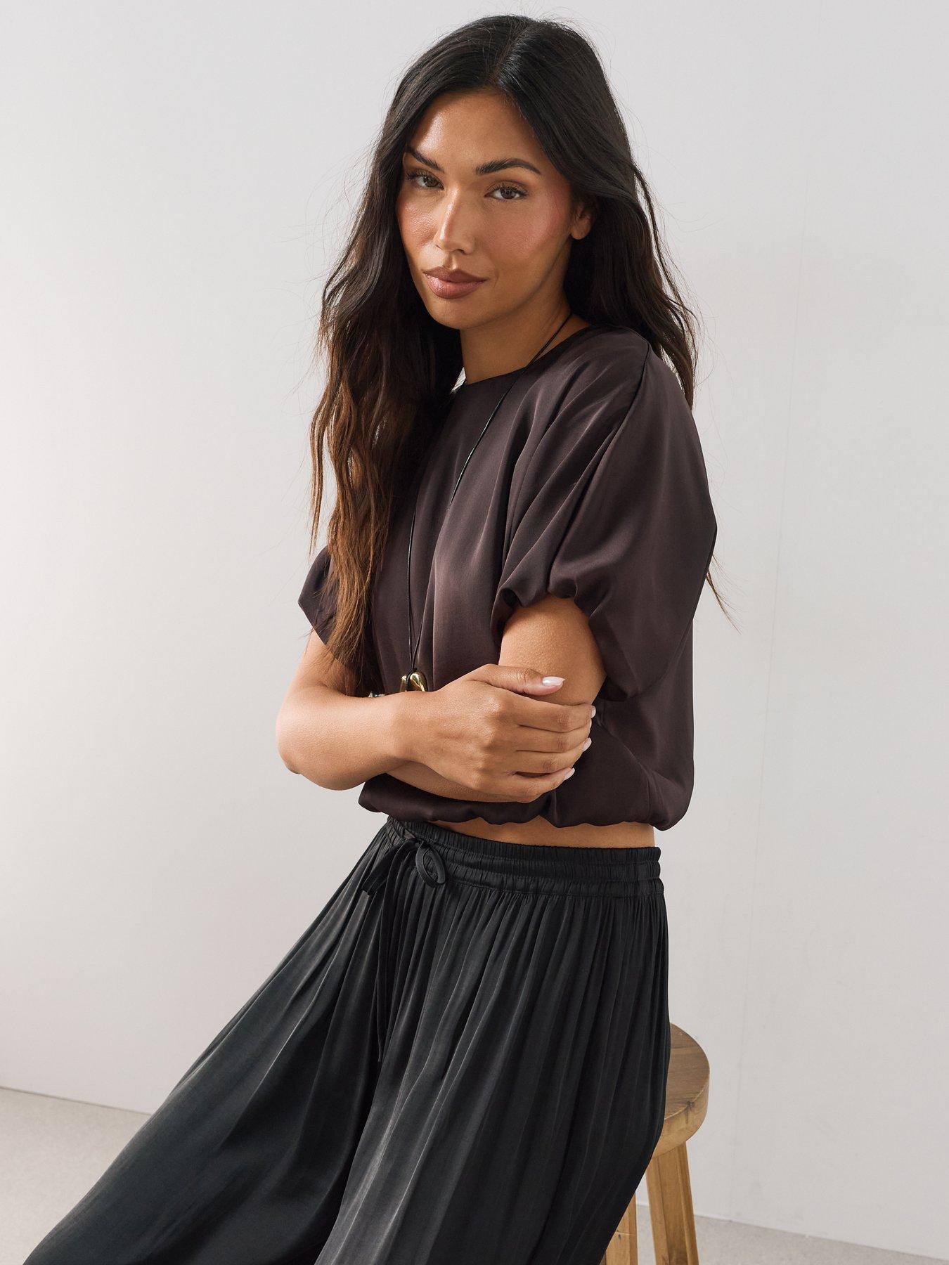 Image 5 of 7 of The Very Collection Bubble Hem Satin Blouse - Brown