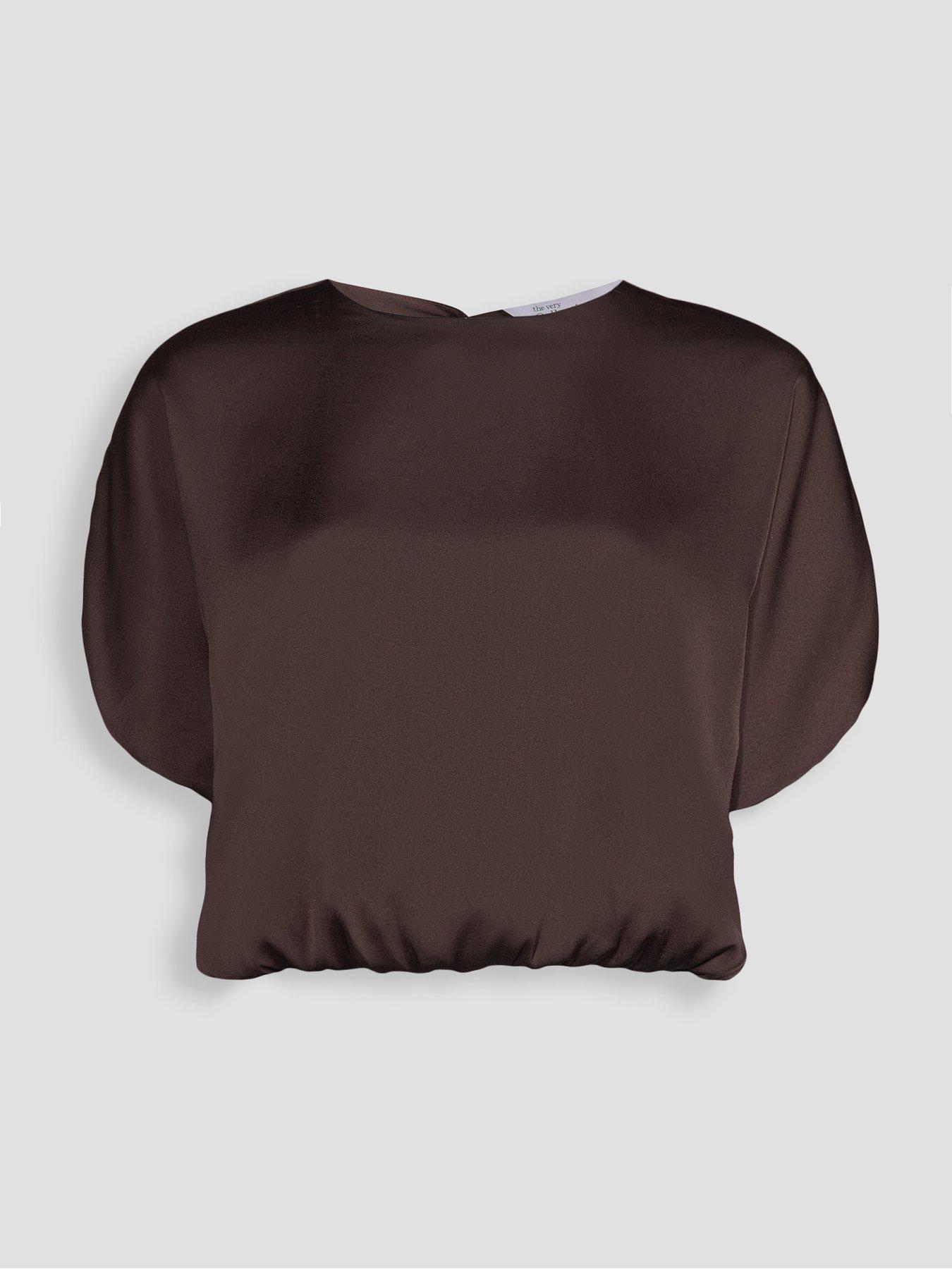 Image 7 of 7 of The Very Collection Bubble Hem Satin Blouse - Brown