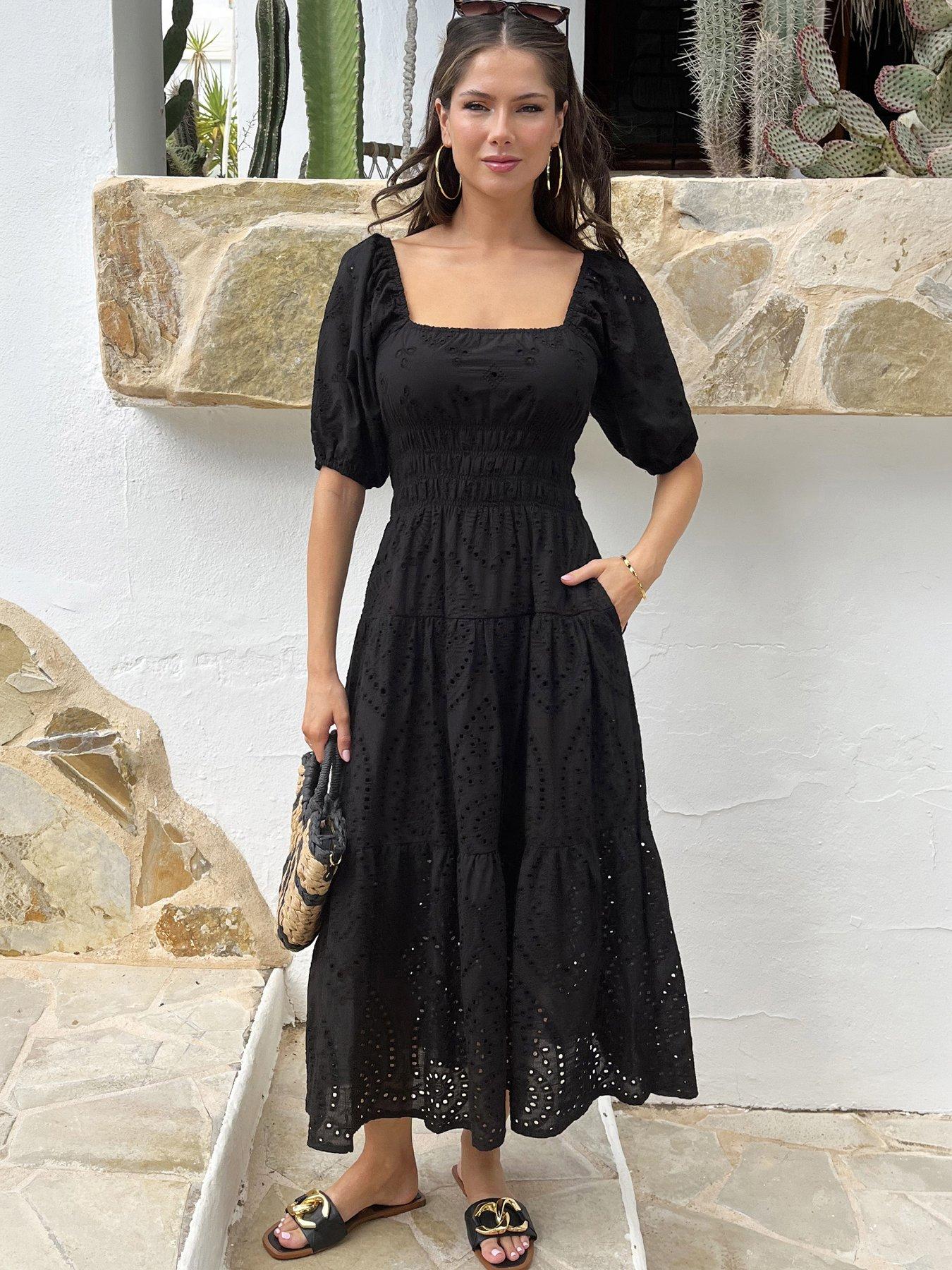 Image 1 of 4 of AX Paris Broderie Puff Sleeve Smock Midi Dress - Black