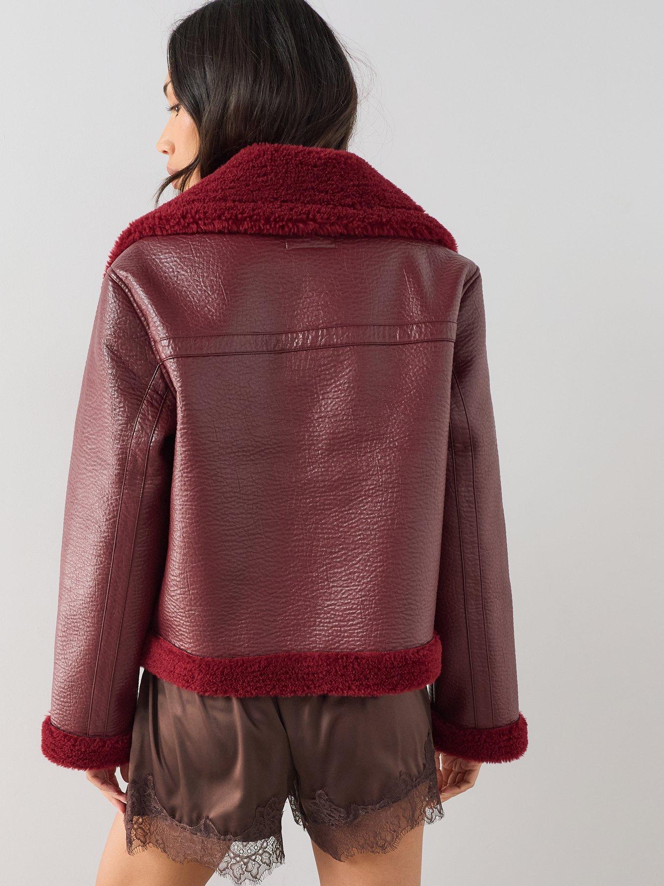 Image 2 of 7 of The Very Collection Faux Shearling Pocket Detail Aviator - Red