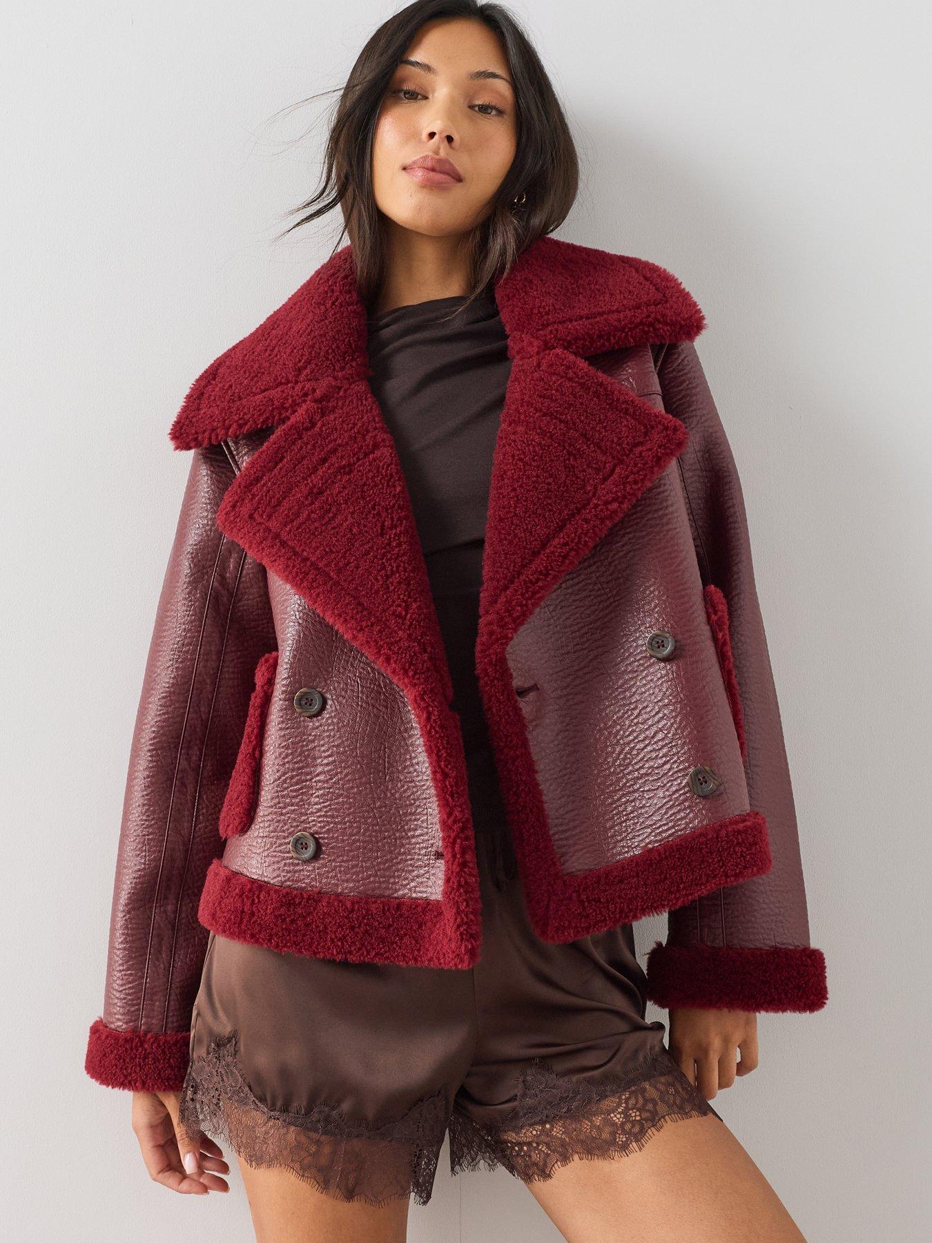 Image 4 of 7 of The Very Collection Faux Shearling Pocket Detail Aviator - Red