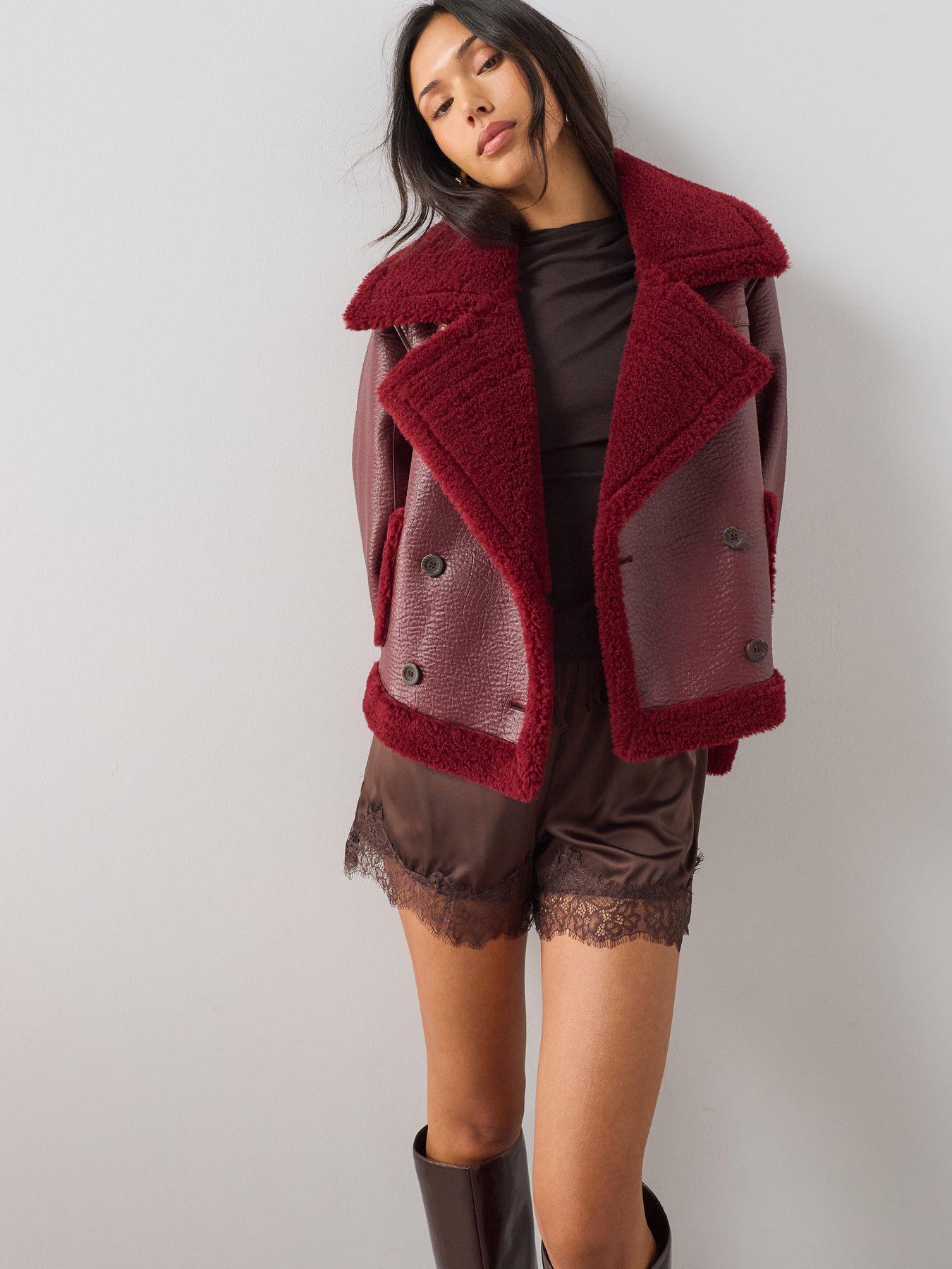 Image 6 of 7 of The Very Collection Faux Shearling Pocket Detail Aviator - Red