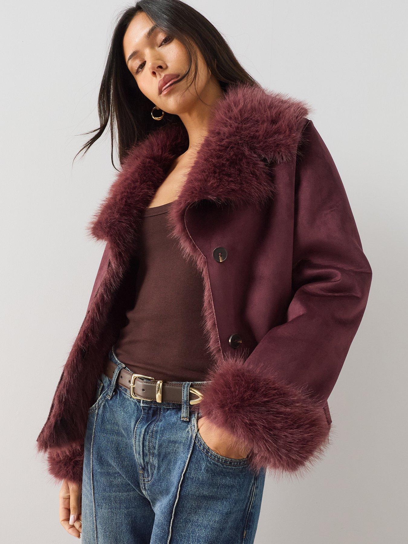 Image 1 of 7 of The Very Collection Bonded Suede Jacket With Fur Lining - Burgundy