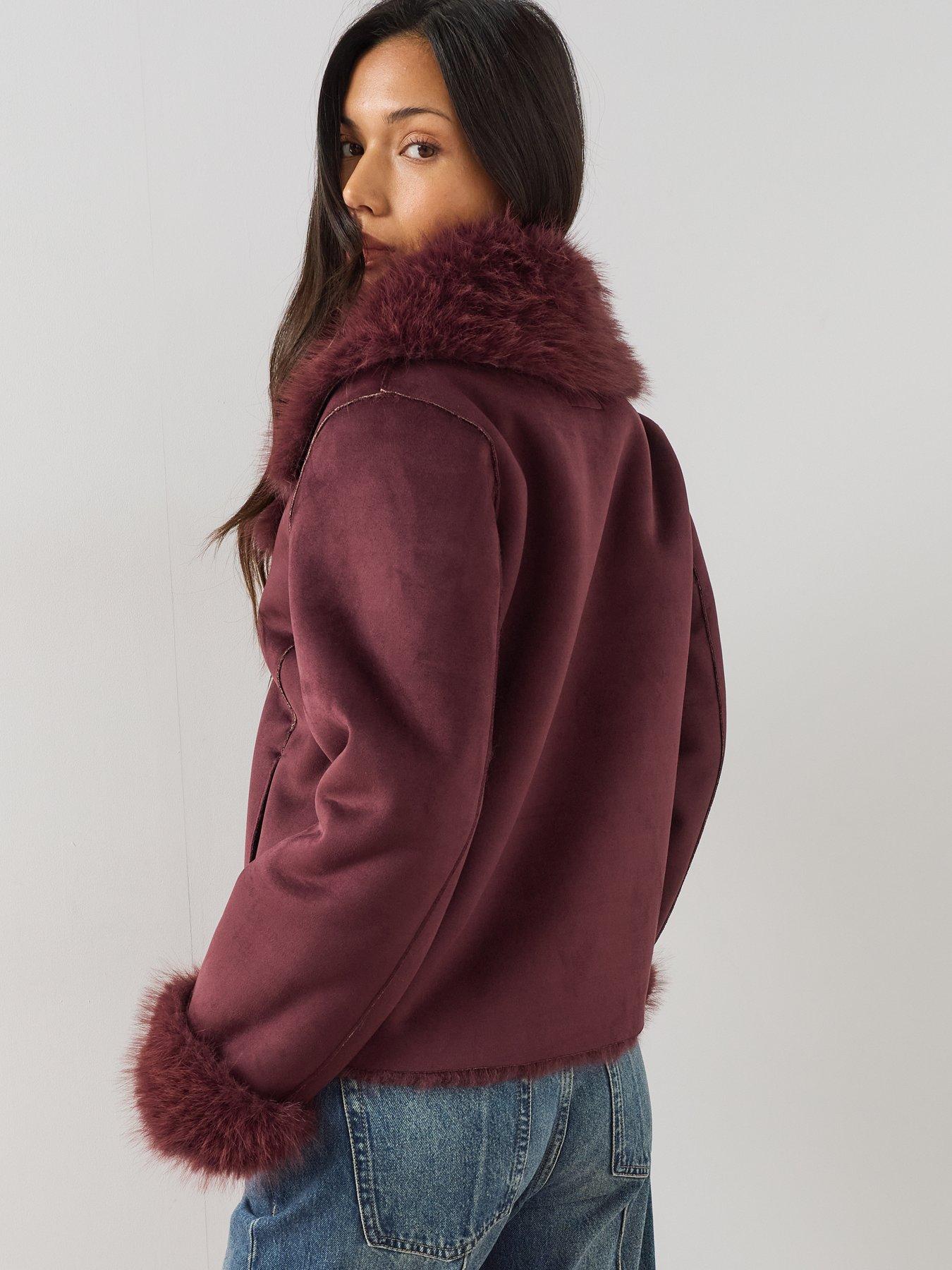 Image 2 of 7 of The Very Collection Bonded Suede Jacket With Fur Lining - Burgundy