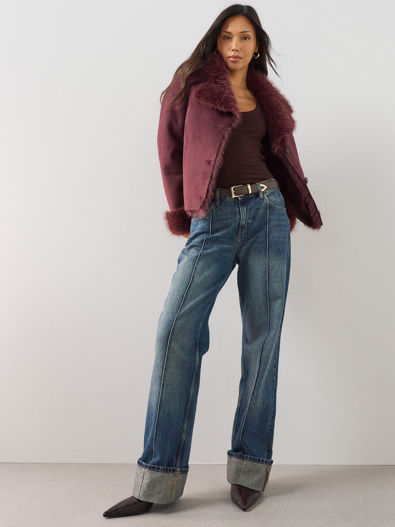 Image 3 of 7 of The Very Collection Bonded Suede Jacket With Fur Lining - Burgundy