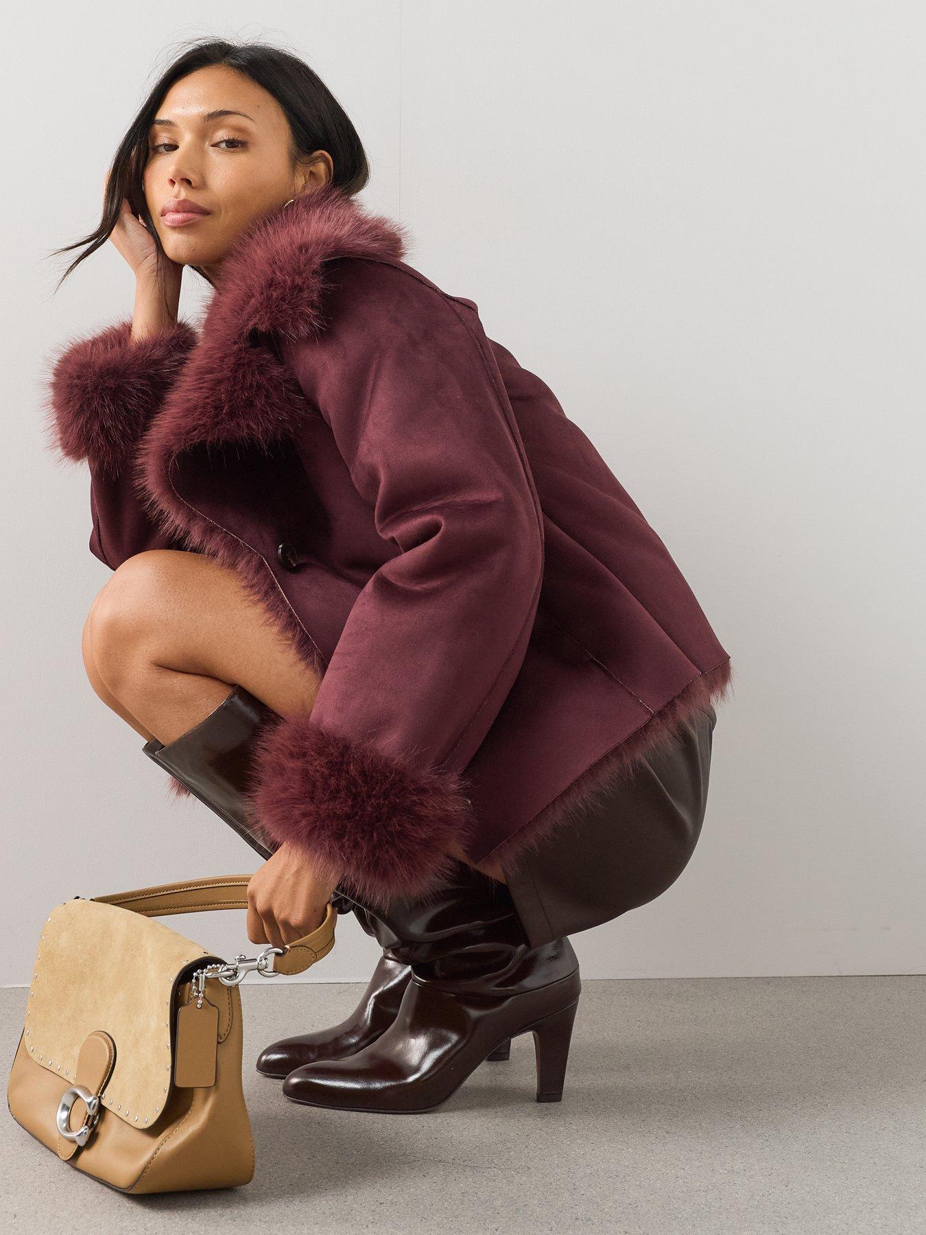 Image 4 of 7 of The Very Collection Bonded Suede Jacket With Fur Lining - Burgundy