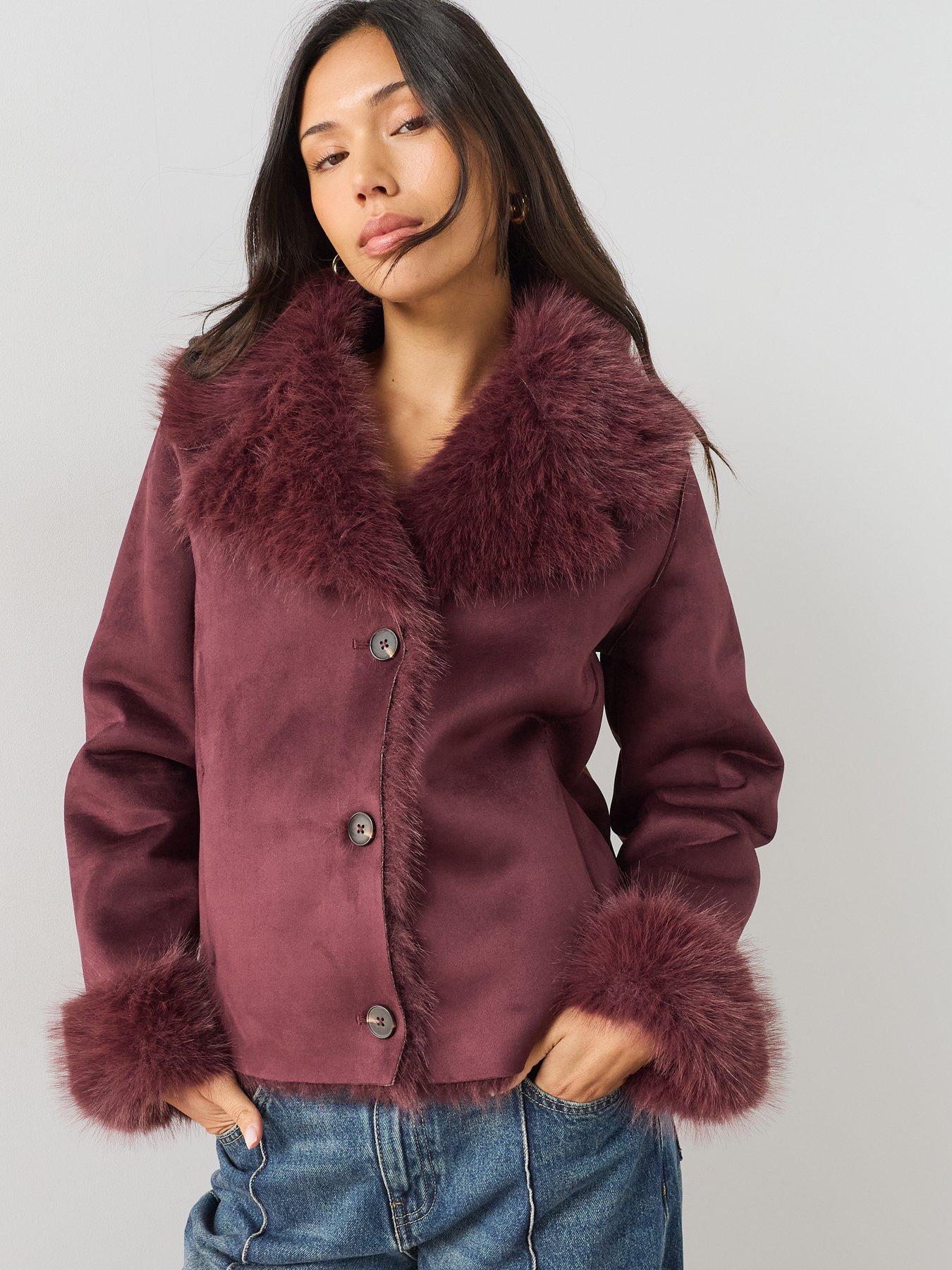 Image 6 of 7 of The Very Collection Bonded Suede Jacket With Fur Lining - Burgundy