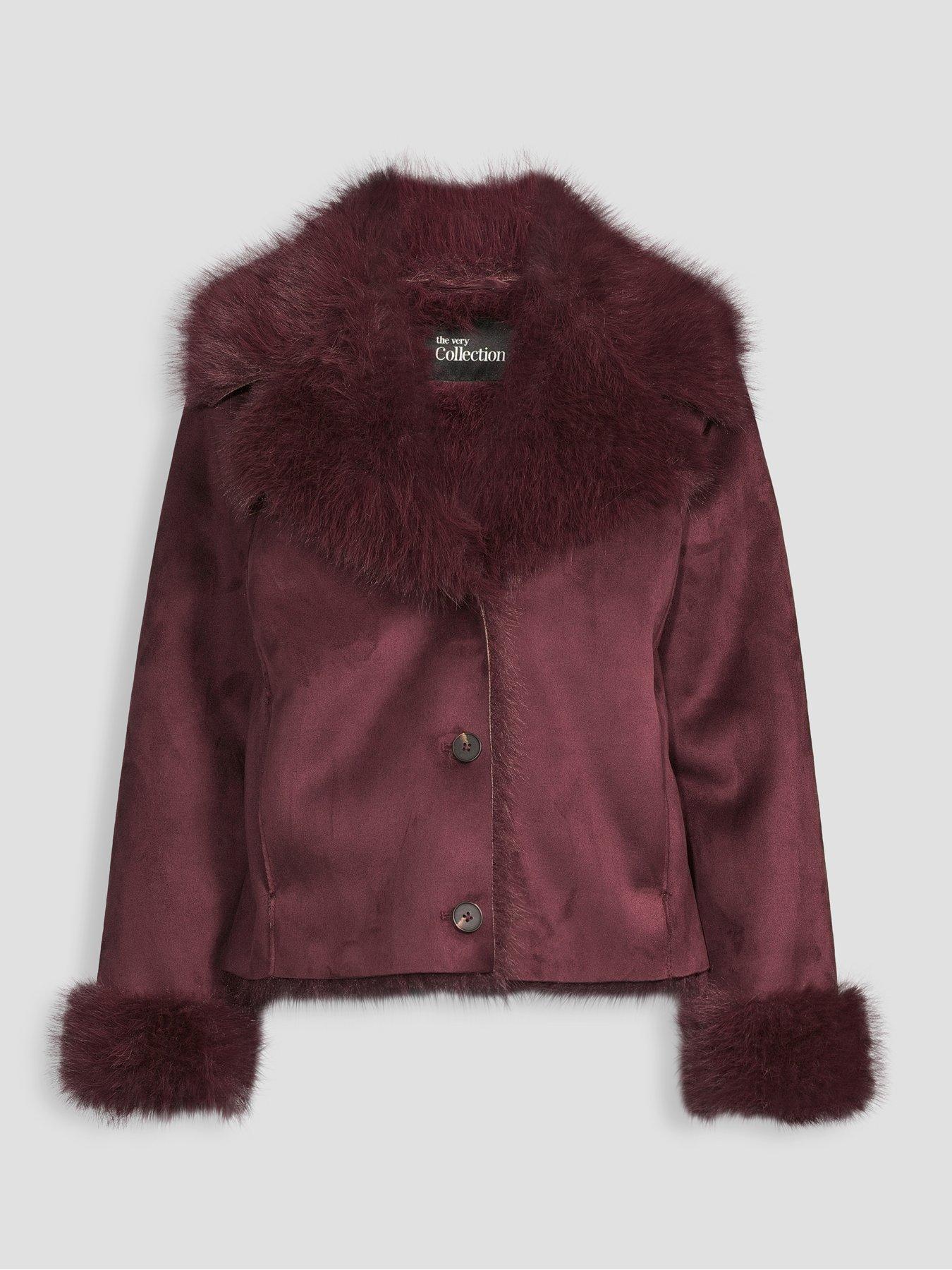 Image 7 of 7 of The Very Collection Bonded Suede Jacket With Fur Lining - Burgundy