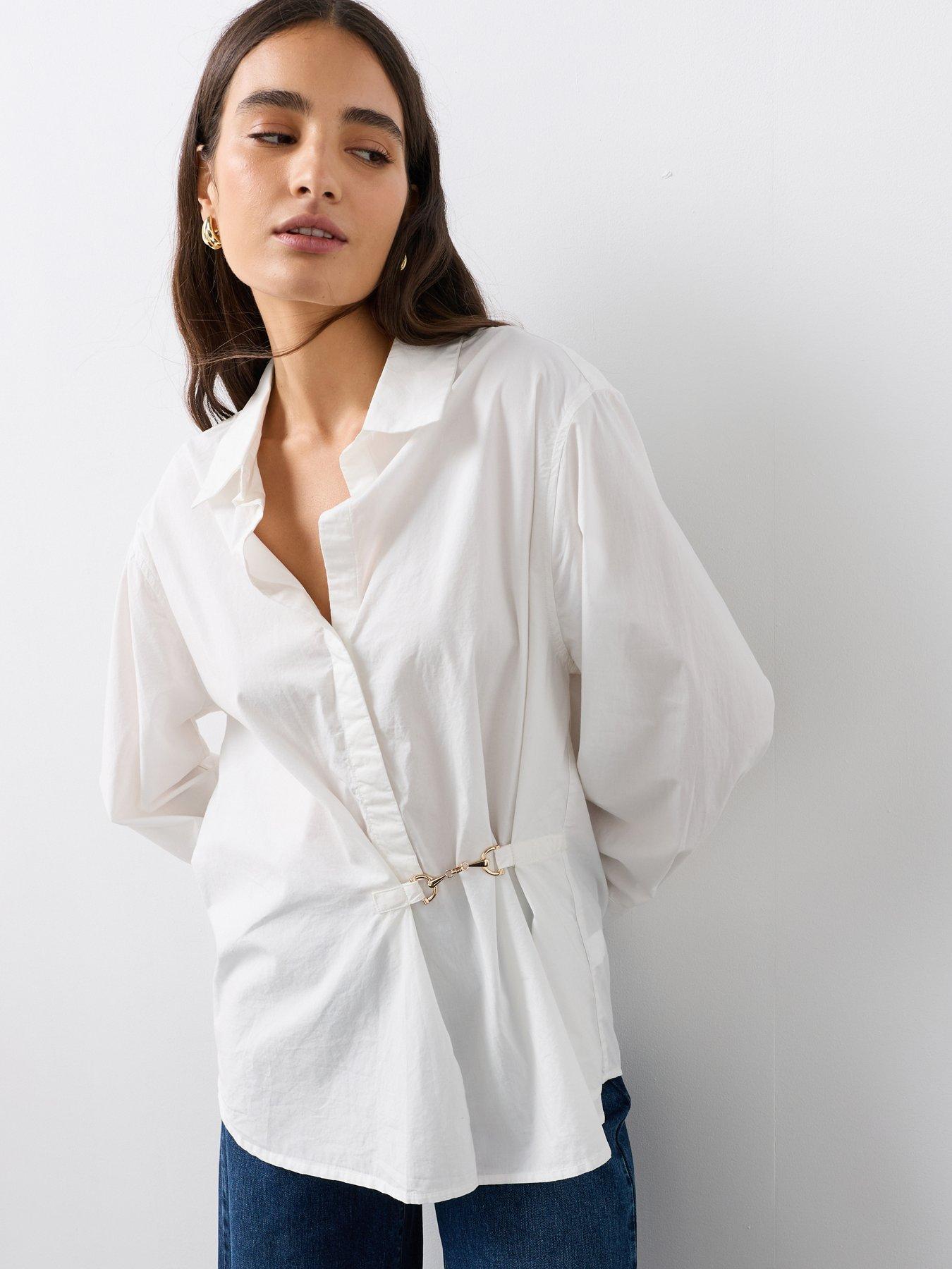 Image 1 of 7 of The Very Collection Oversized Cotton Poplin Gold Detail Shirt - White