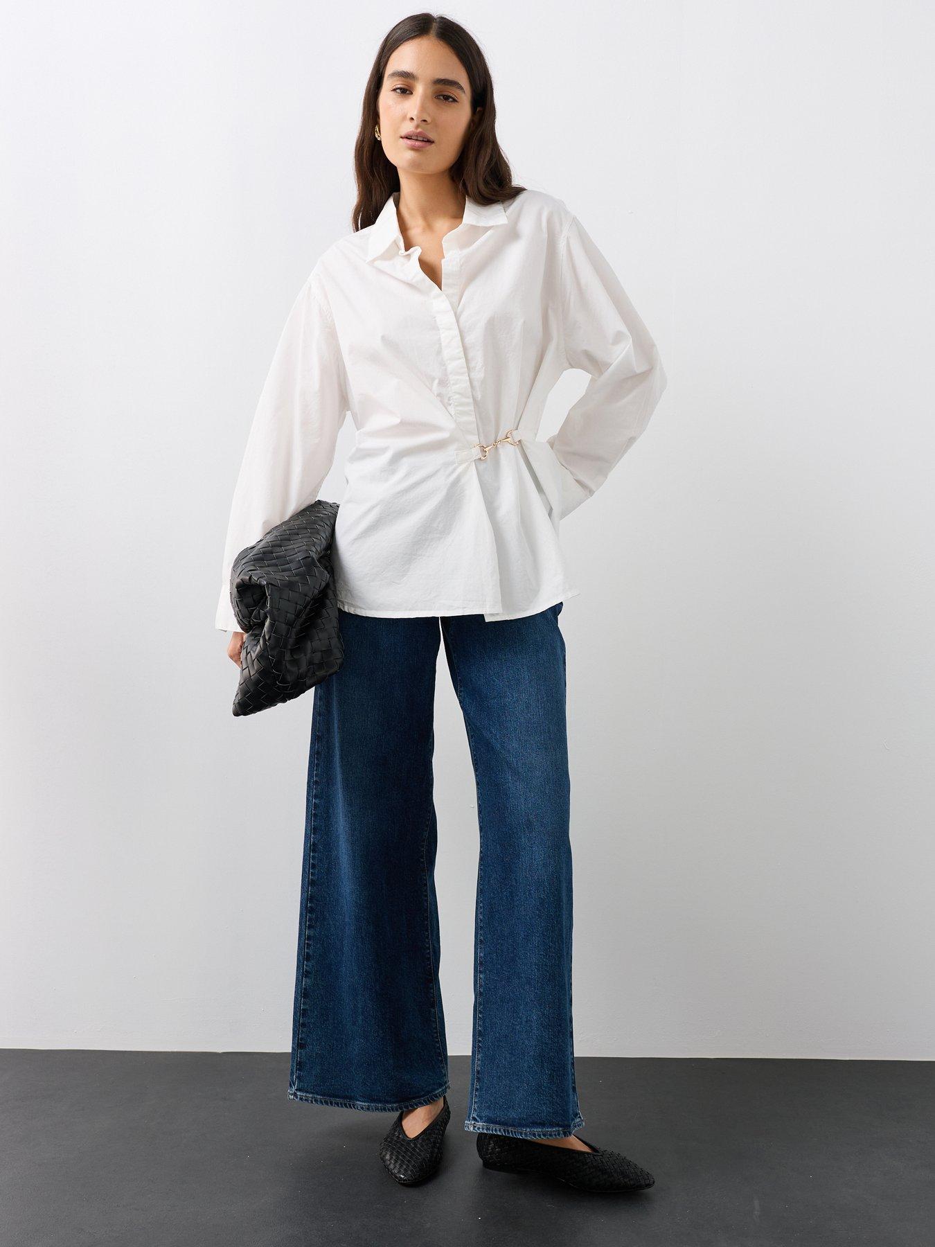 Image 3 of 7 of The Very Collection Oversized Cotton Poplin Gold Detail Shirt - White