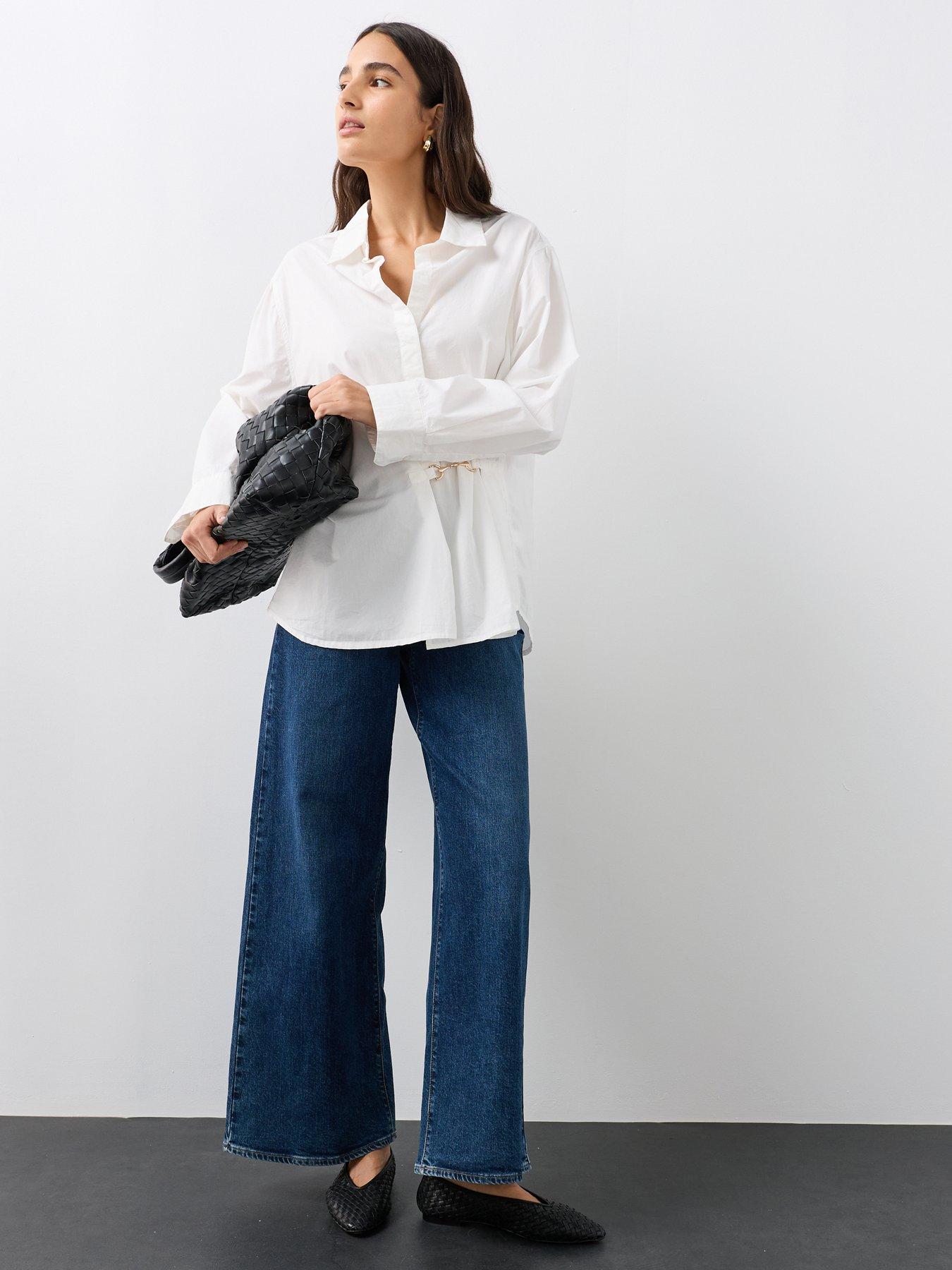 Image 4 of 7 of The Very Collection Oversized Cotton Poplin Gold Detail Shirt - White