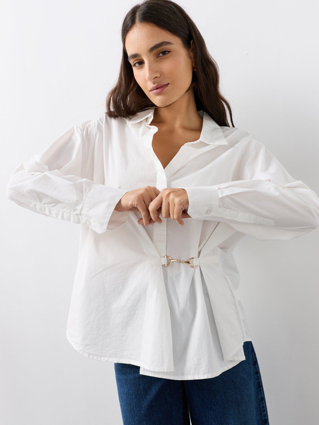 Image 6 of 7 of The Very Collection Oversized Cotton Poplin Gold Detail Shirt - White